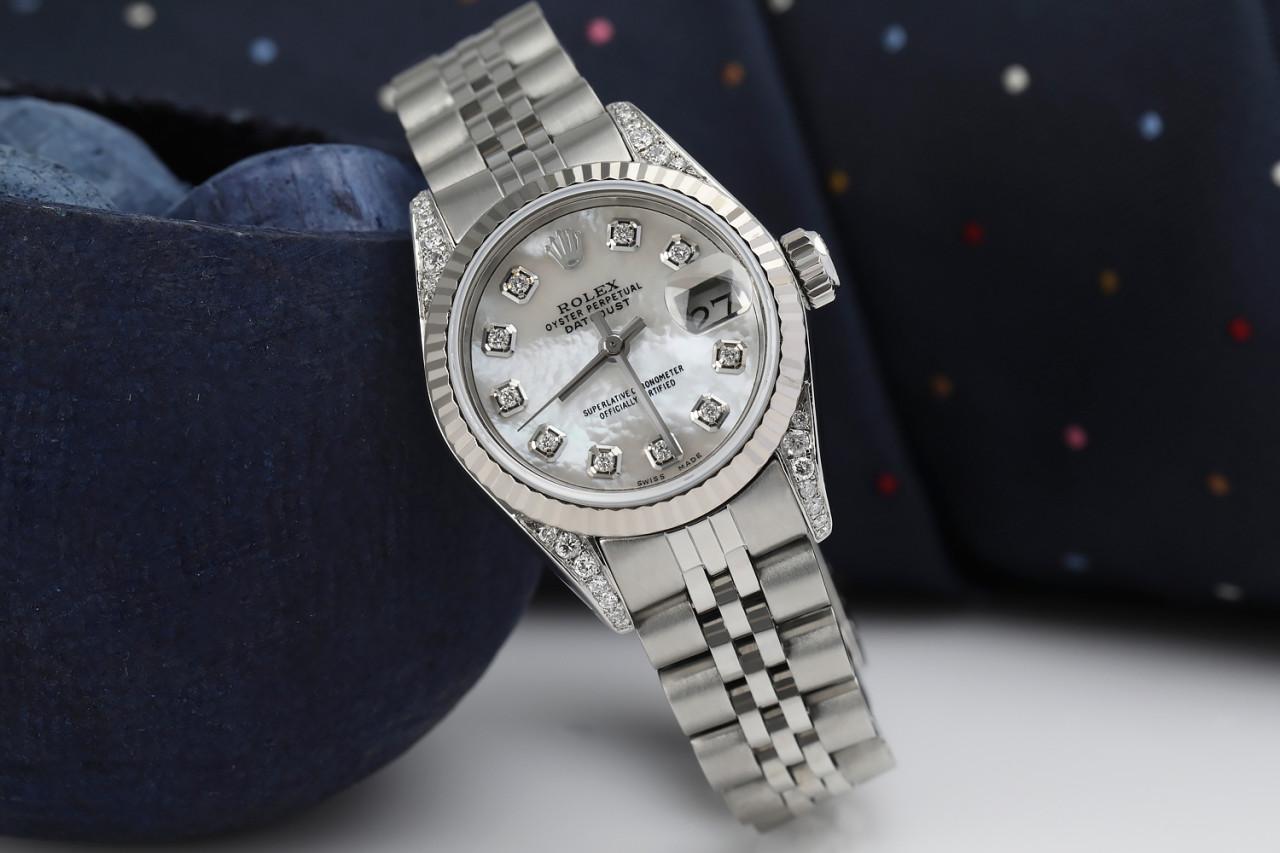 Round Cut Rolex Lady Datejust White MOP Diamond Accent Classic + Lugs Wrist Watch 69174 For Sale
