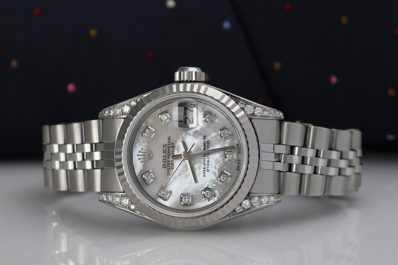 Rolex Lady Datejust Weiße MOP Diamant-Akzent Classic + Gepäck-Armbanduhr 69174 im Angebot 3