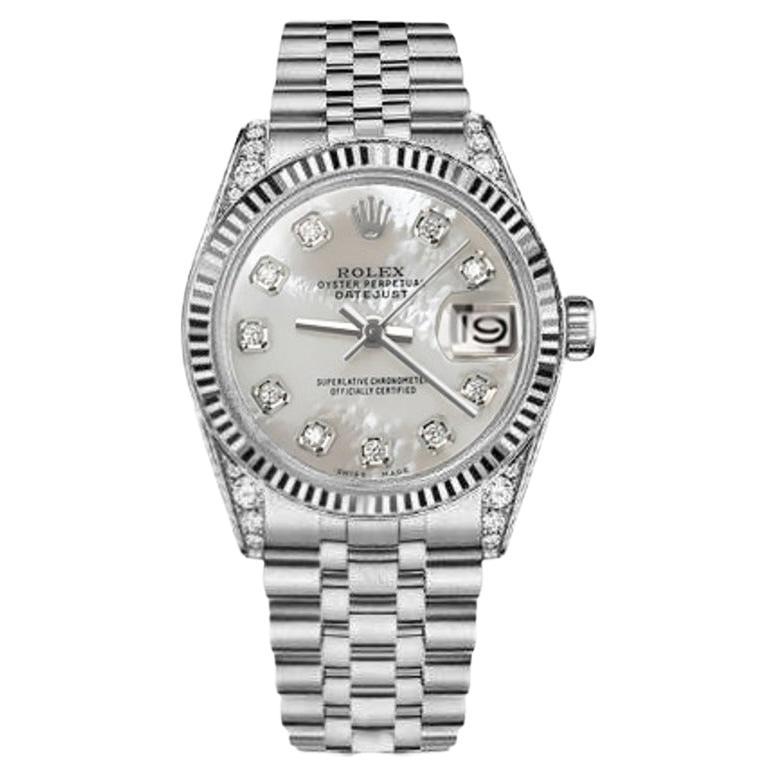 Rolex Lady Datejust Weiße MOP Diamant-Akzent Classic + Gepäck-Armbanduhr 69174 im Angebot