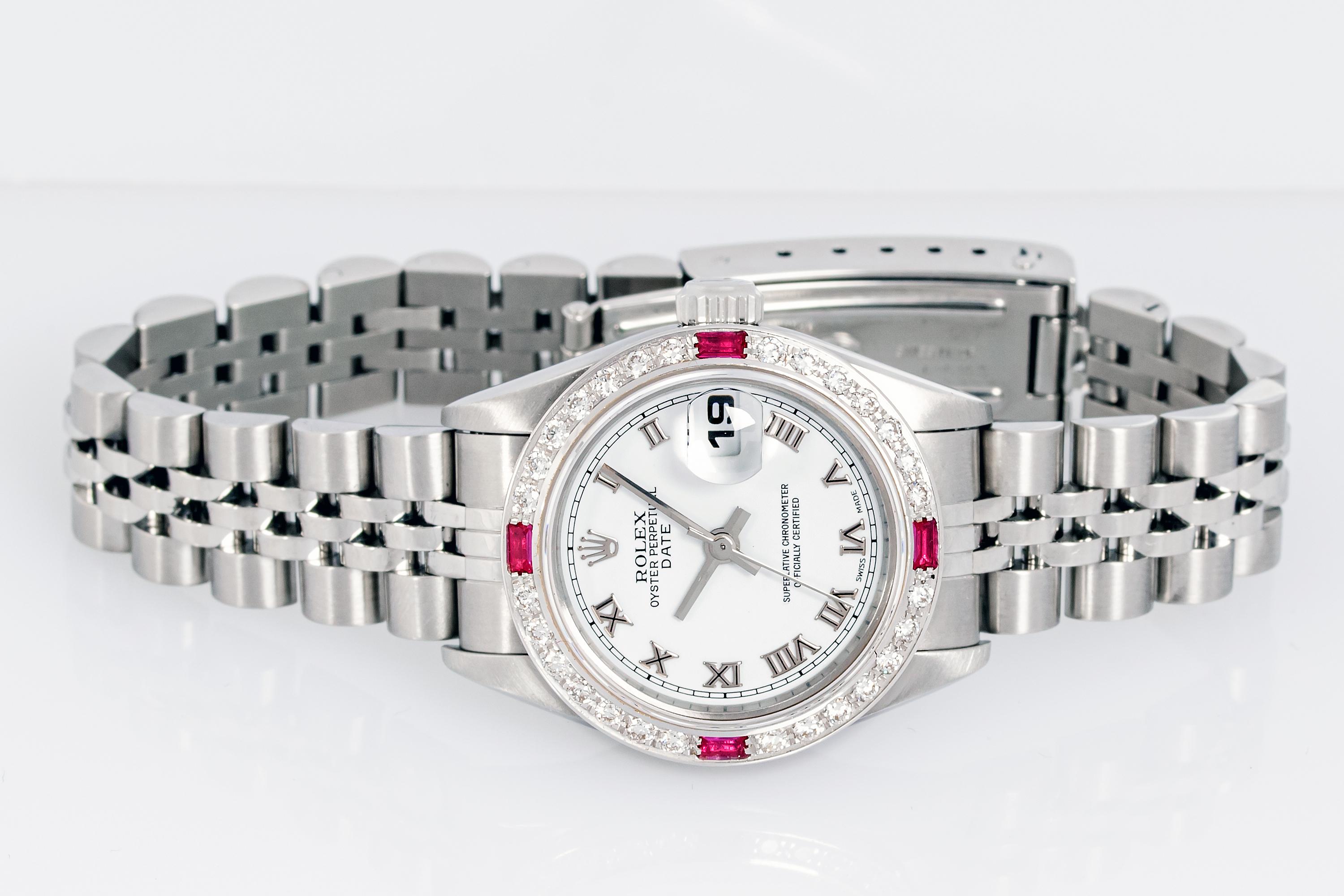 Rolex Lady Datejust White Roman Dial Steel and 18k Gold Diamond Ruby Bezel Watch For Sale 3