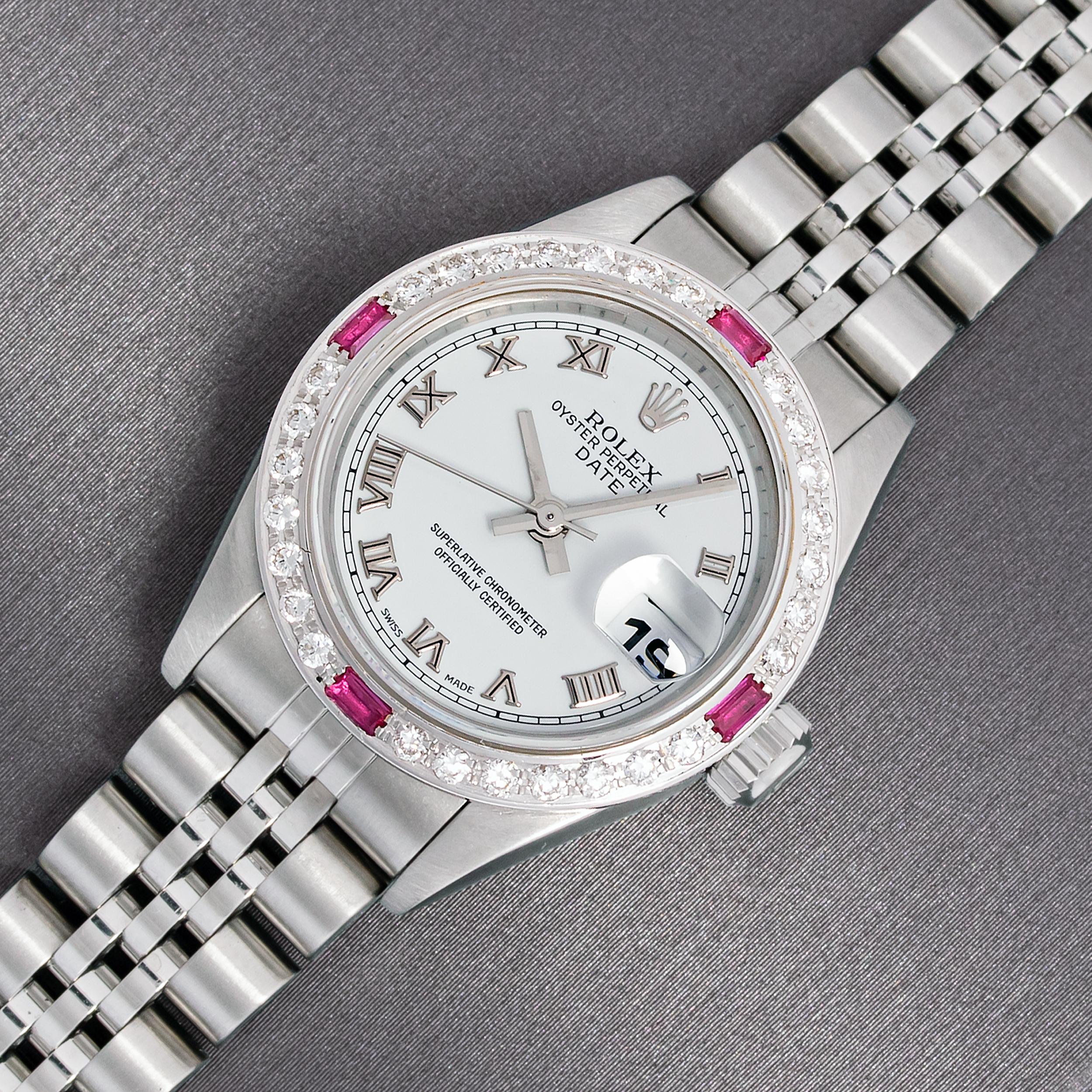 Rolex Lady Datejust Weißes römisches Zifferblatt Stahl und 18k Gold Diamant-Rubin-Lünette Uhr (Rundschliff) im Angebot