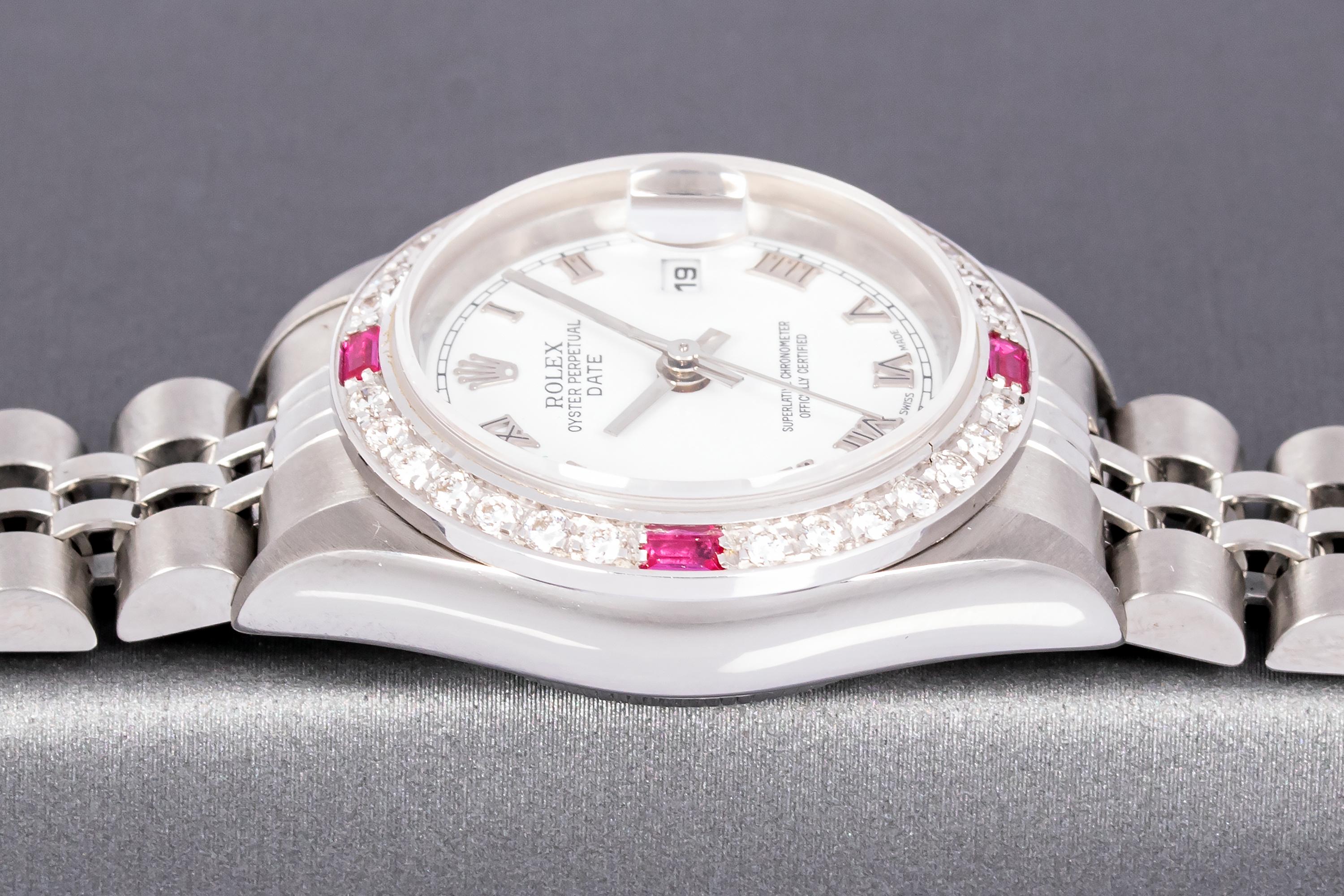 Rolex Lady Datejust Weißes römisches Zifferblatt Stahl und 18k Gold Diamant-Rubin-Lünette Uhr im Zustand „Gut“ im Angebot in Los Angeles, CA