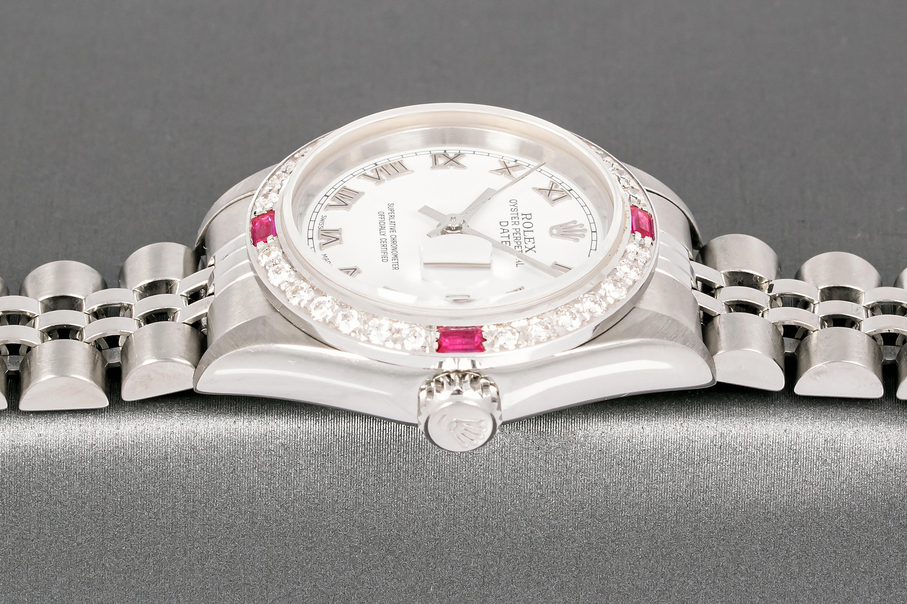 Rolex Lady Datejust Weißes römisches Zifferblatt Stahl und 18k Gold Diamant-Rubin-Lünette Uhr Damen im Angebot
