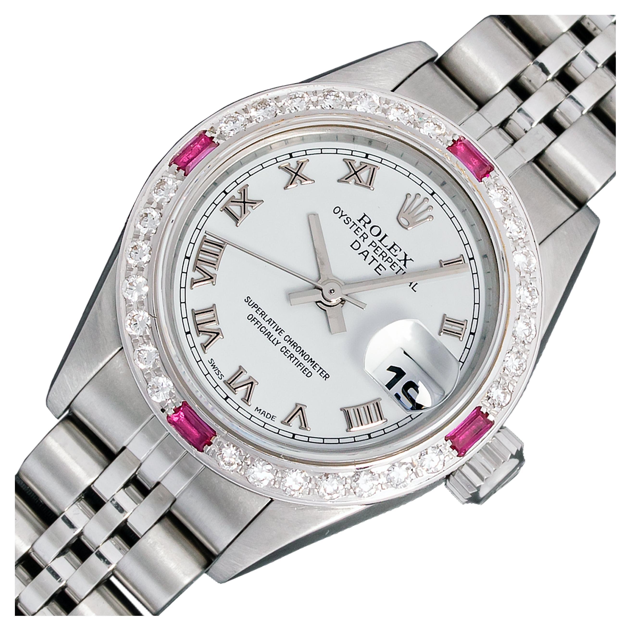 Rolex Lady Datejust White Roman Dial Steel and 18k Gold Diamond Ruby Bezel Watch For Sale