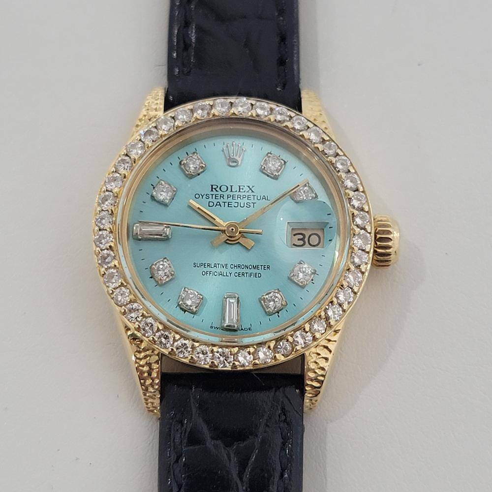 Rolex Lady Datejust automatico, in oro 18 carati e diamanti incastonati, in eccellenti condizioni di funzionamento, risalente al 1981. Verificato autentico da un maestro orologiaio. Splendido quadrante blu Rolex con lussuosi indici di diamanti