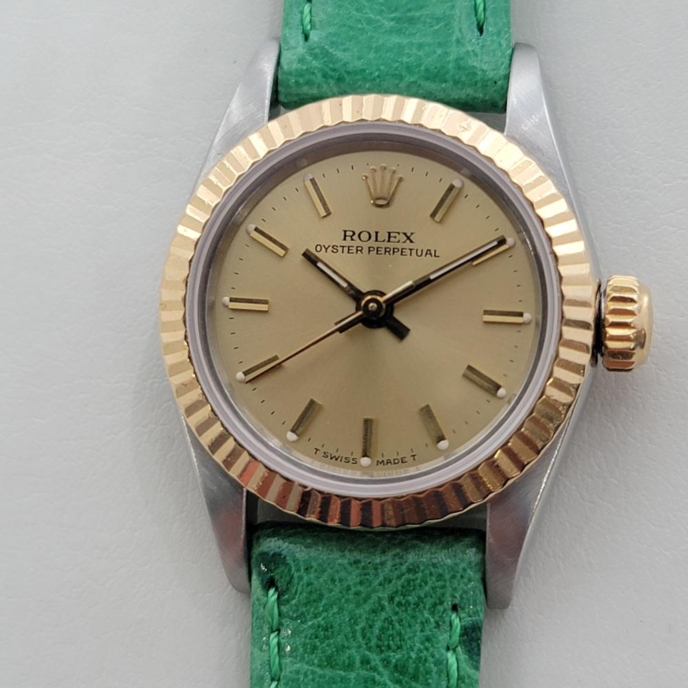 Lusso senza tempo, Rolex Lady Oyster Perpetual automatico in oro 18 carati e acciaio inossidabile, 1986 circa, in eccellenti condizioni di funzionamento. Verificato autentico da un maestro orologiaio. Splendido quadrante Rolex in oro con indici a