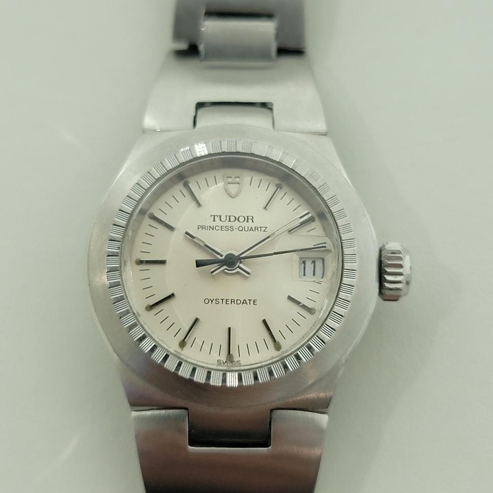 Timeless classic, all stainless steel Ladies Tudor Princess-Quartz Oysterdate, c1980s, all original, in excellent working condition. Verified authentic by a master watchmaker. Gorgeous Tudor signed silver dial, applied baton index hour markers,