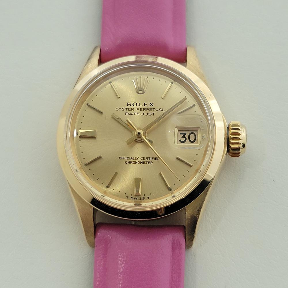 Timeless luxury, a rare charming classic, 18k solid gold Lady Datejust automatic, c.1967, in excellent working condition. Verified authentic by a master watchmaker. Gorgeous Rolex gold dial with applied baton index hour markers, gilt minute and hour