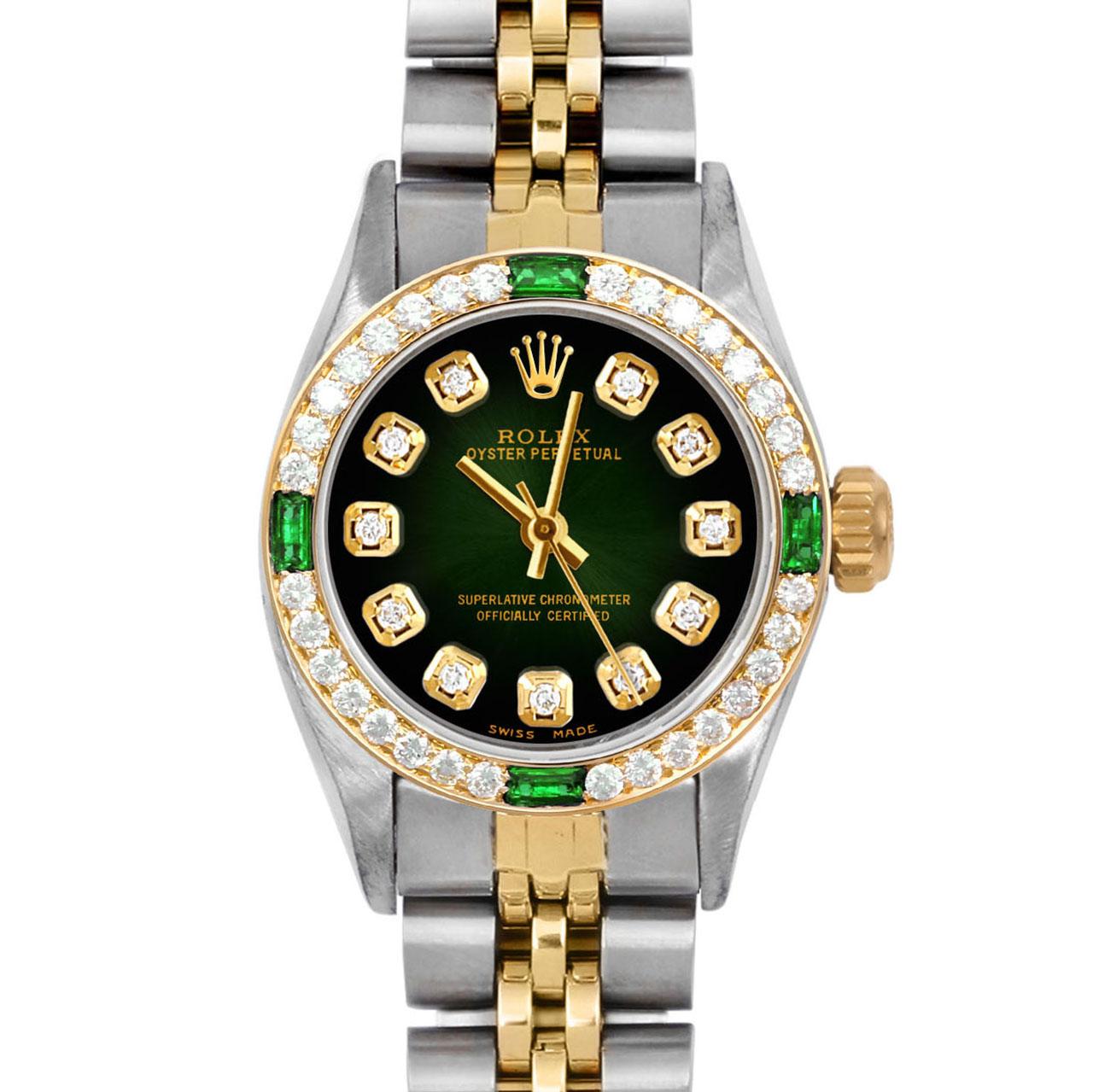 Brand : Rolex
Model : Oyster Perpetual 
Gender : Ladies
Metals : 14K Yellow Gold / Stainless Steel
Case Size : 24 mm
Dial : Custom Green Vignette Diamond Dial (This dial is not original Rolex And has been added aftermarket yet is a beautiful Custom