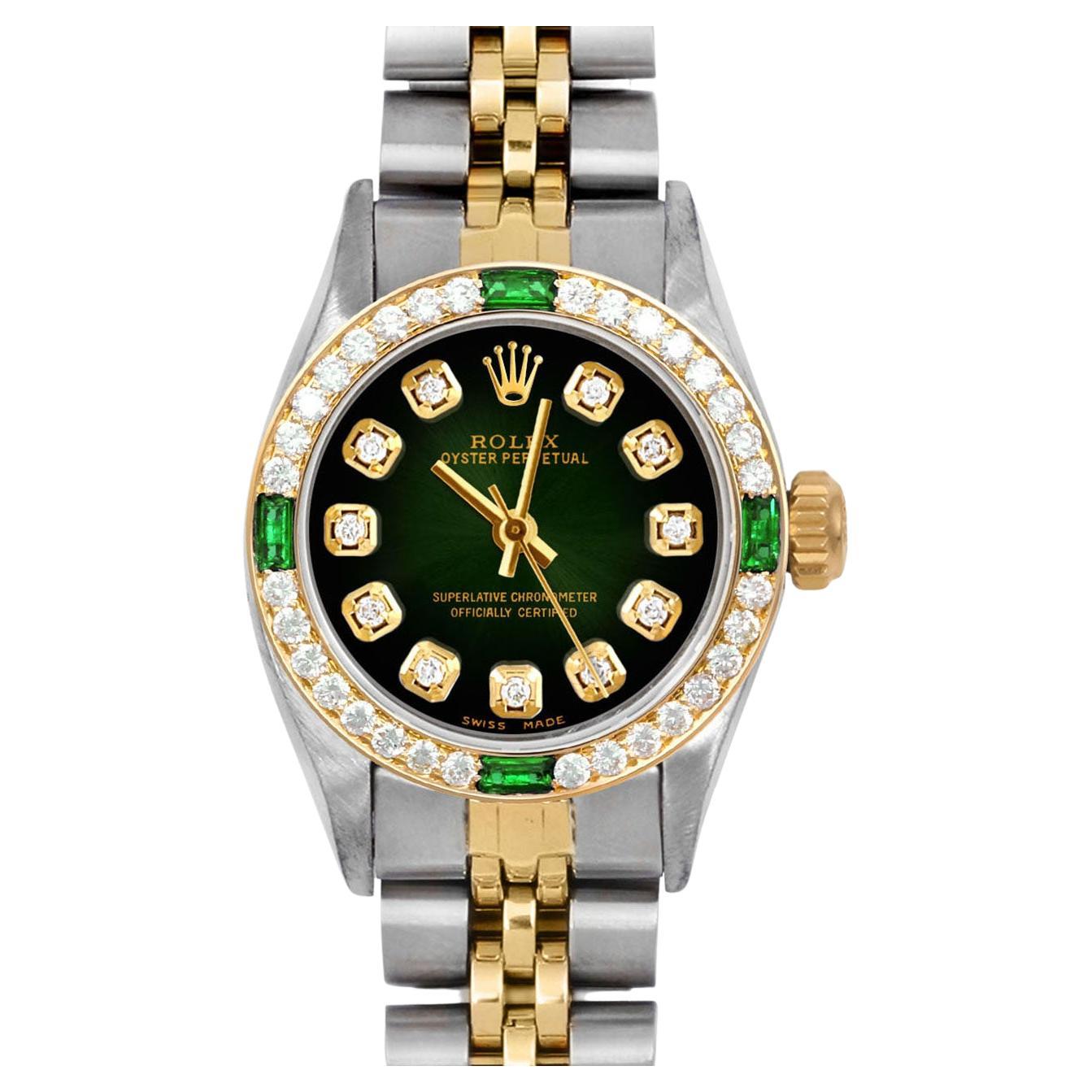 Rolex Montre Oyster Perpetual avec cadran vert perpétuel et lunette en diamants et émeraudes en vente