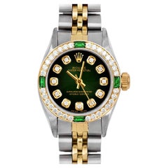 Used Rolex Lady Oyster Perpetual Green Vignette Diamond Dial Emerald Diamond Bezel