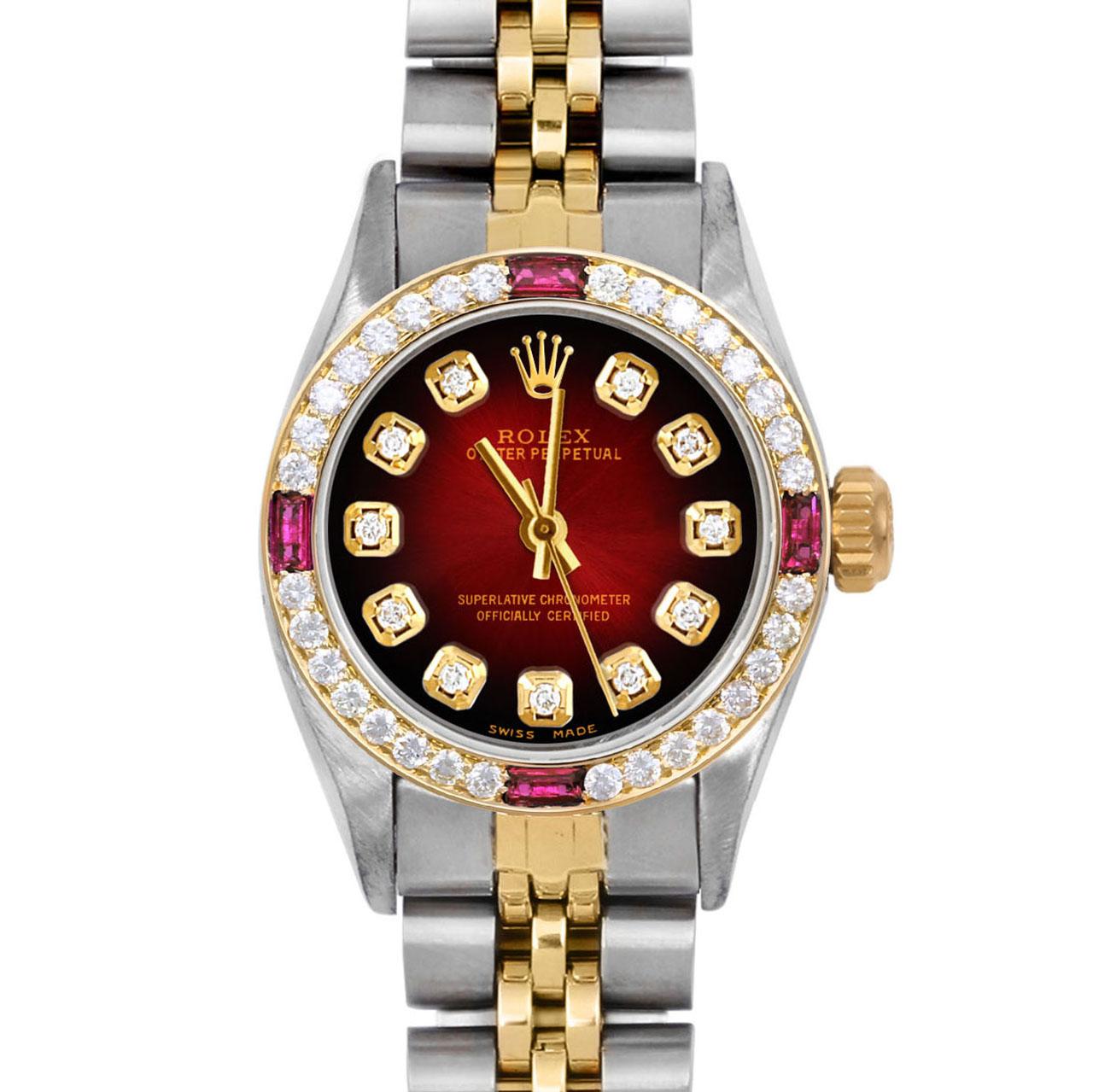 Brand : Rolex
Model : Oyster Perpetual 
Gender : Ladies
Metals : 14K Yellow Gold / Stainless Steel
Case Size : 24 mm
Dial : Custom Red Vignette Diamond Dial (This dial is not original Rolex And has been added aftermarket yet is a beautiful Custom