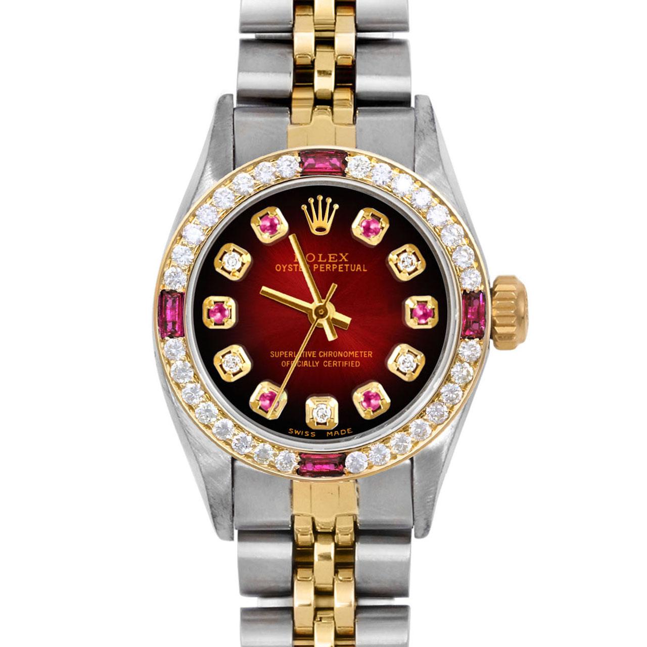 Brand : Rolex
Model : Oyster Perpetual 
Gender : Ladies
Metals : 14K Yellow Gold / Stainless Steel
Case Size : 24 mm
Dial : Custom Red Vignette Ruby Diamond Dial (This dial is not original Rolex And has been added aftermarket yet is a beautiful