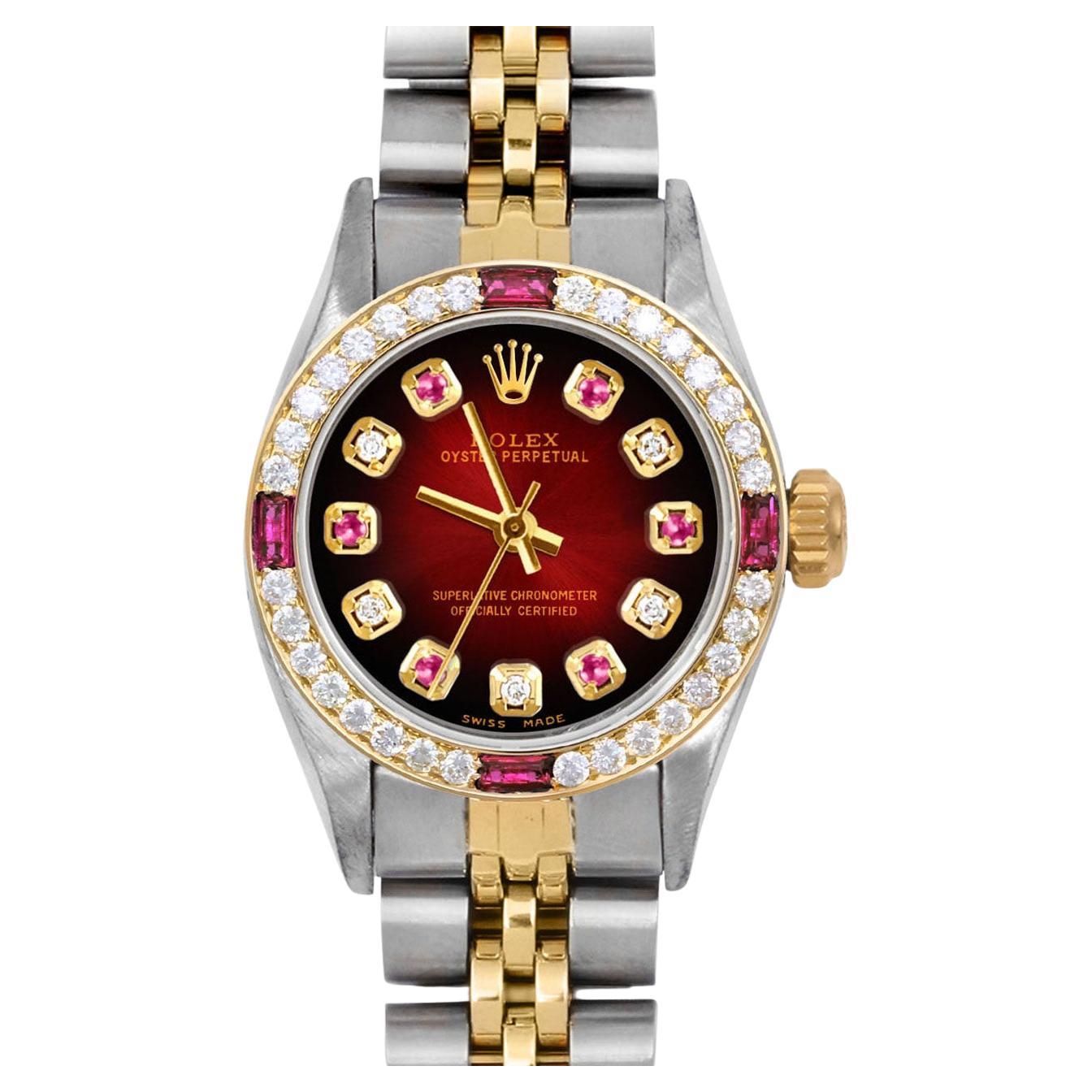 Rolex Montre Oyster Perpetual rouge avec cadran en rubis, diamants et rubis et lunette en diamants, pour femmes