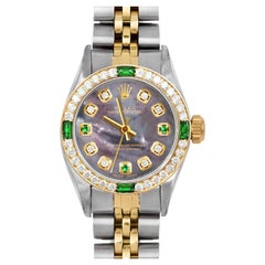 Retro Rolex Lady Oyster Perpetual Tahitian Emerald Diamond Dial Emerald Diamond Bezel