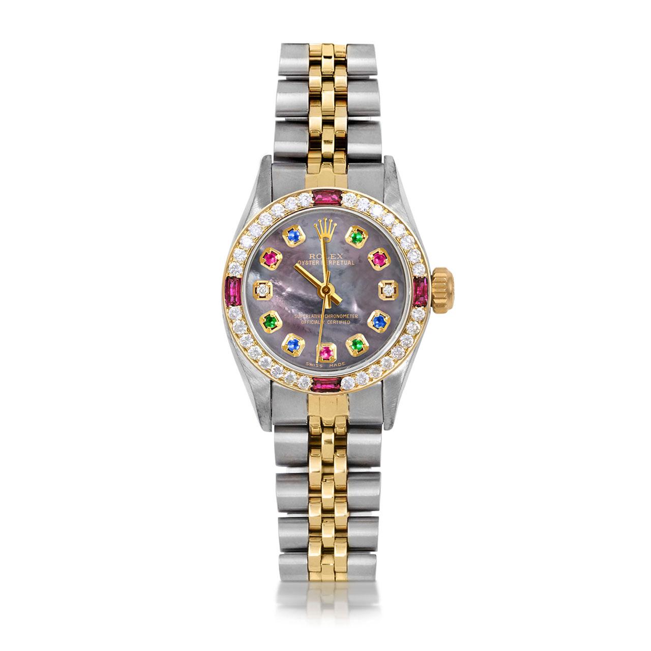 Bead Rolex Lady Oyster Perpetual Tahitian Rainbow Diamond Dial Ruby Diamond Bezel For Sale