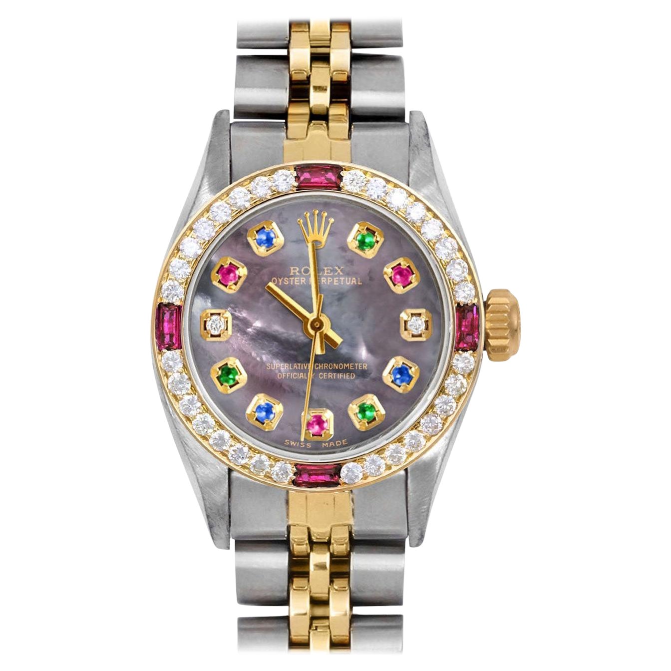 Rolex Lady Oyster Perpetual Esfera Tahitiana con Diamantes Arco Iris Bisel con Diamantes Rubí