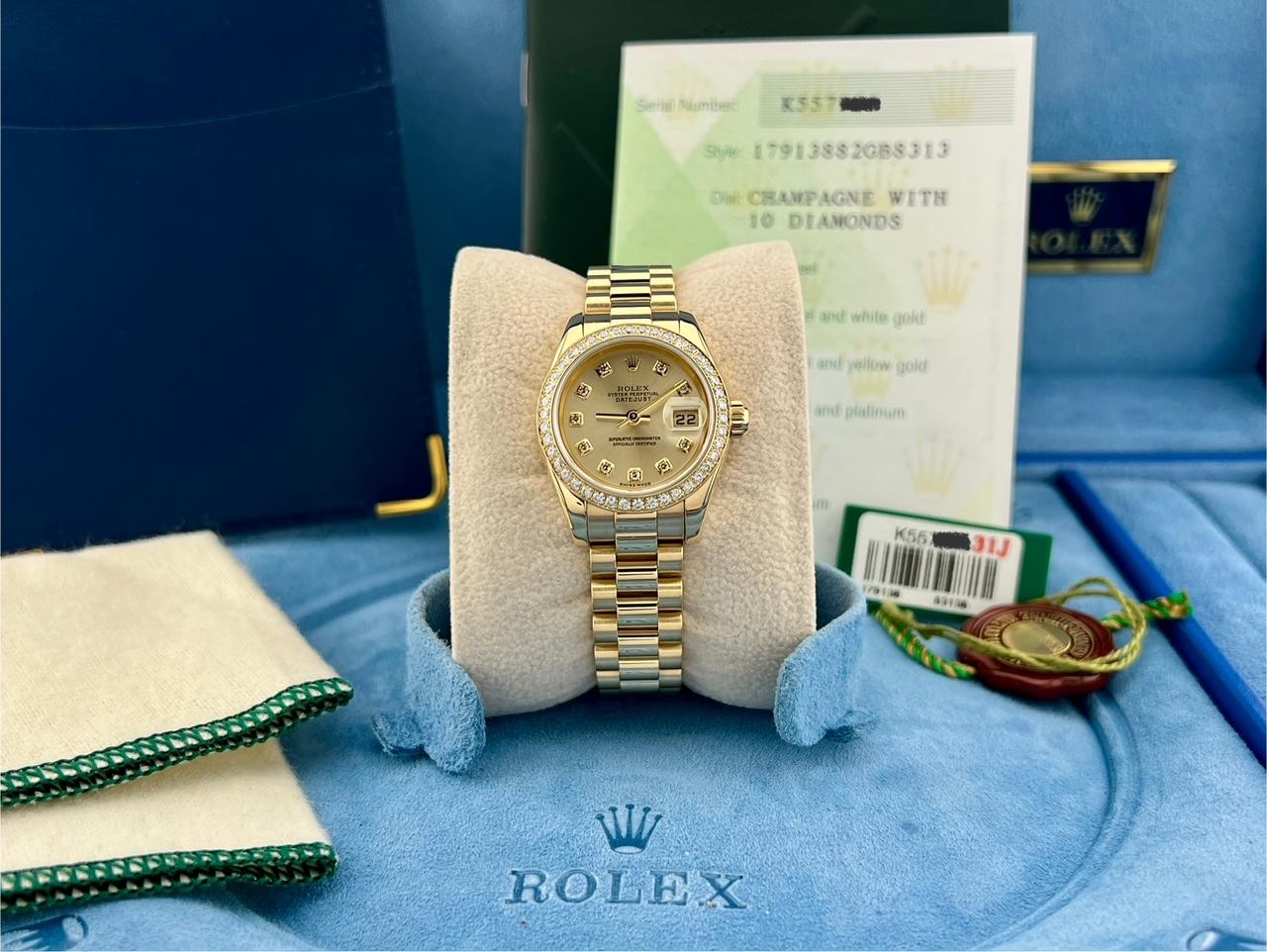 Rolex Lady President 179138 26mm Champagner Diamant Zifferblatt Diamant Lünette Box Papiere (Rundschliff) im Angebot