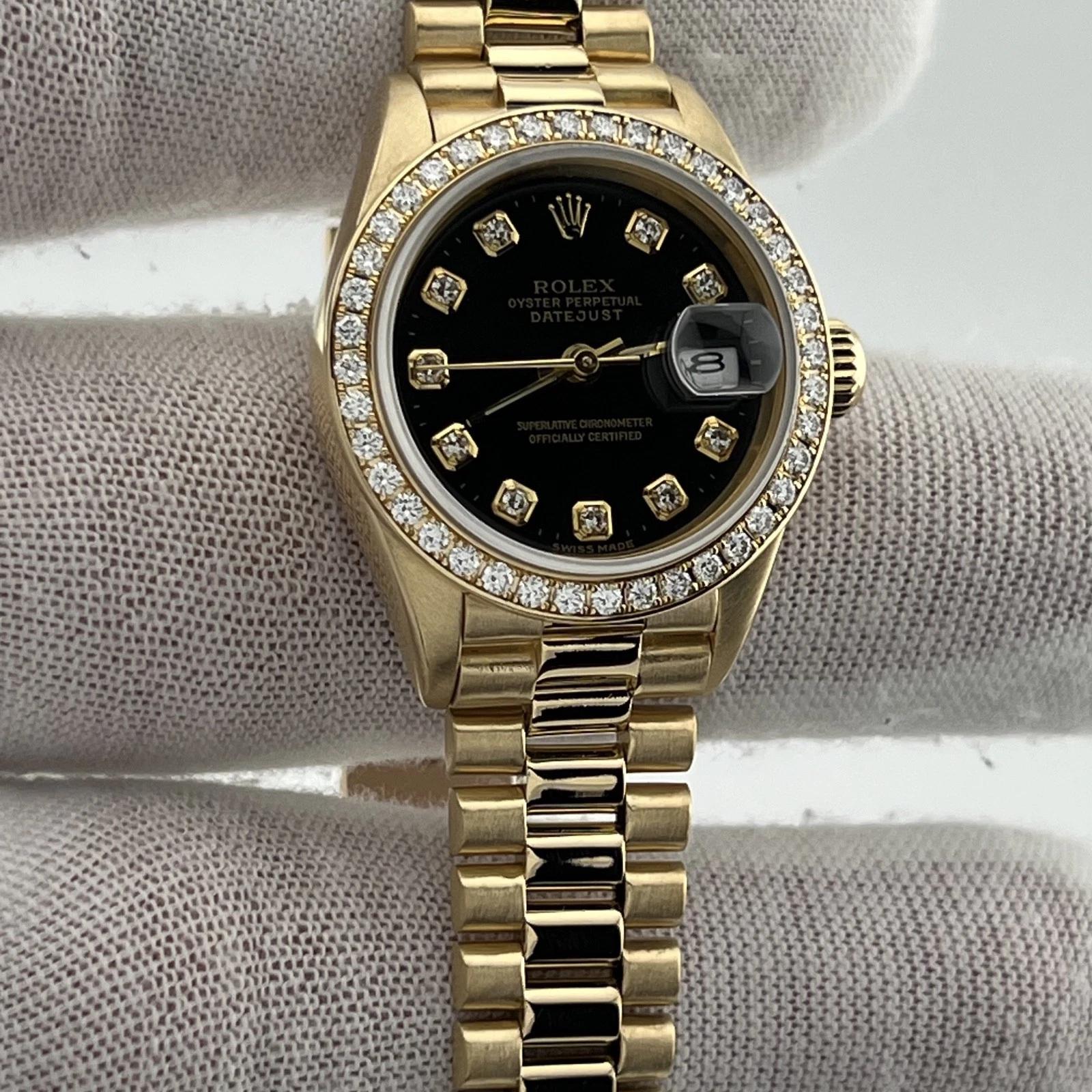 Rolex Lady President 69138 Fábrica Esfera Diamante Negro Bisel Diamante Oro 18k Corte redondo en venta
