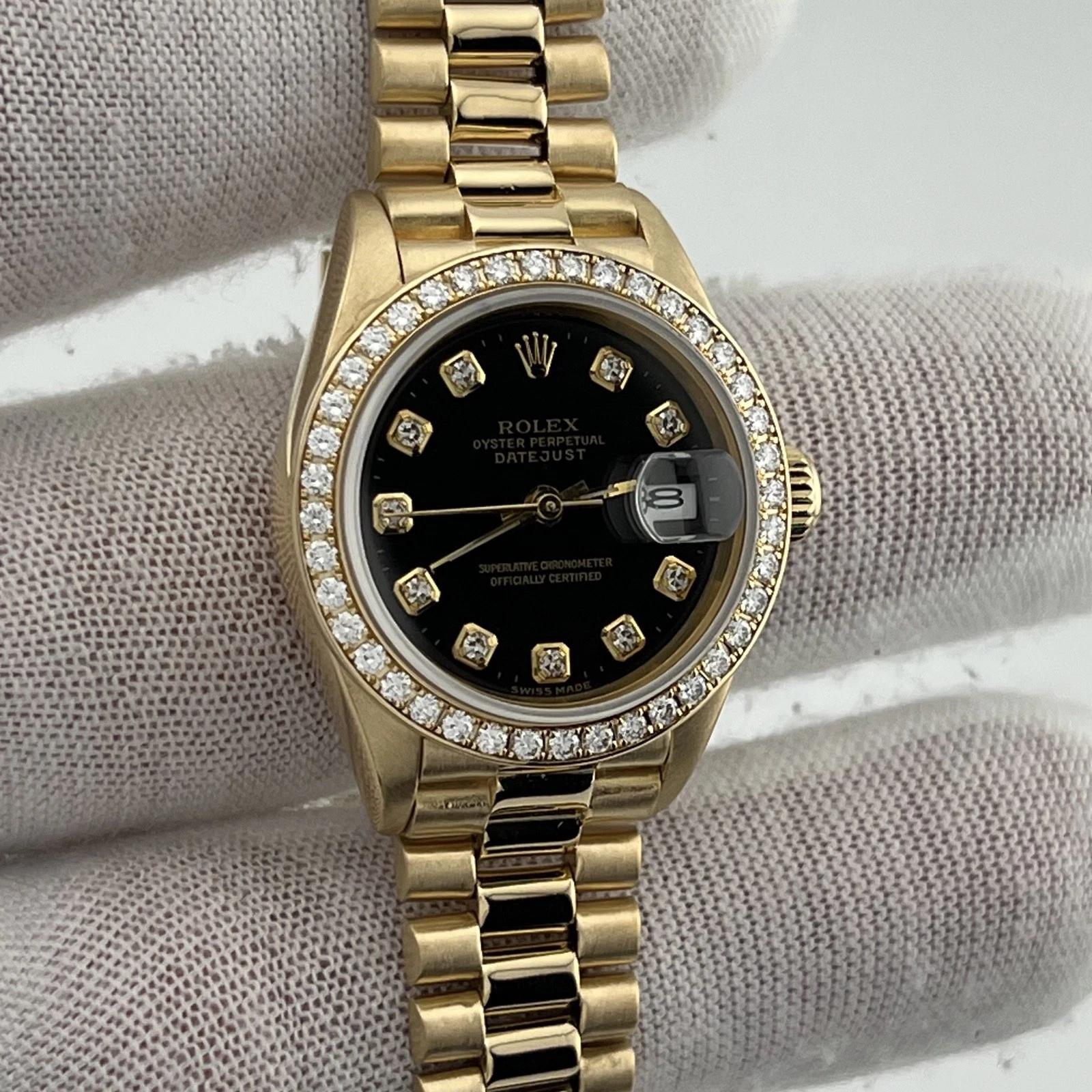 Rolex Lady President 69138 Fábrica Esfera Diamante Negro Bisel Diamante Oro 18k en Excelente estado para la venta en San Diego, CA