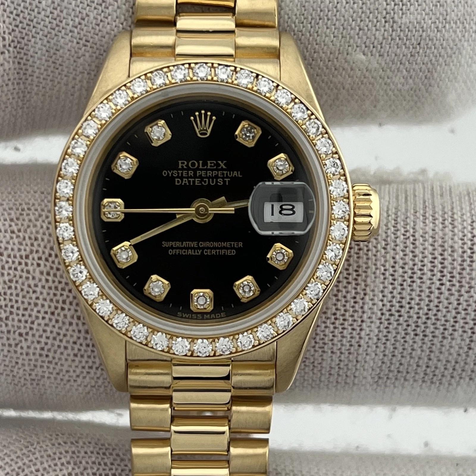 De las mujeres Rolex Lady President 69138 Fábrica Esfera Diamante Negro Bisel Diamante Oro 18k en venta
