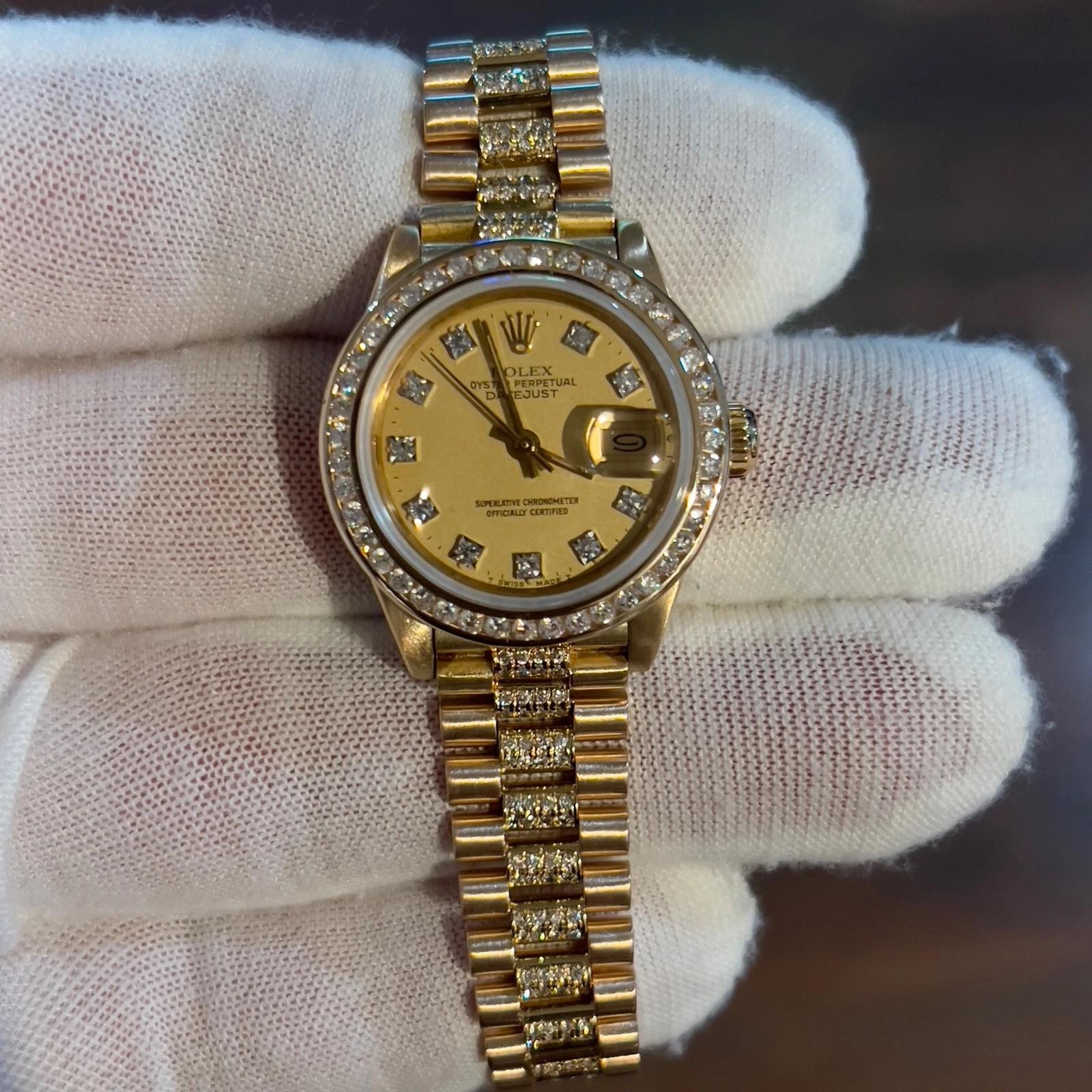 Rolex Lady President 6927 Custom Diamond Dial Bezel and Band 18k Yellow Gold en vente 7