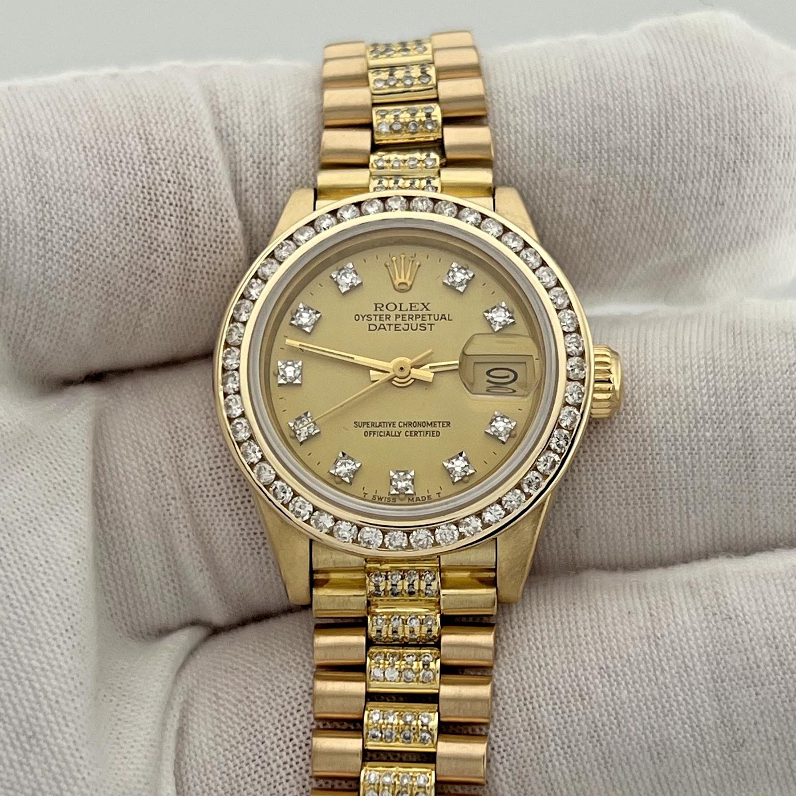 Taille ronde Rolex Lady President 6927 Custom Diamond Dial Bezel and Band 18k Yellow Gold en vente