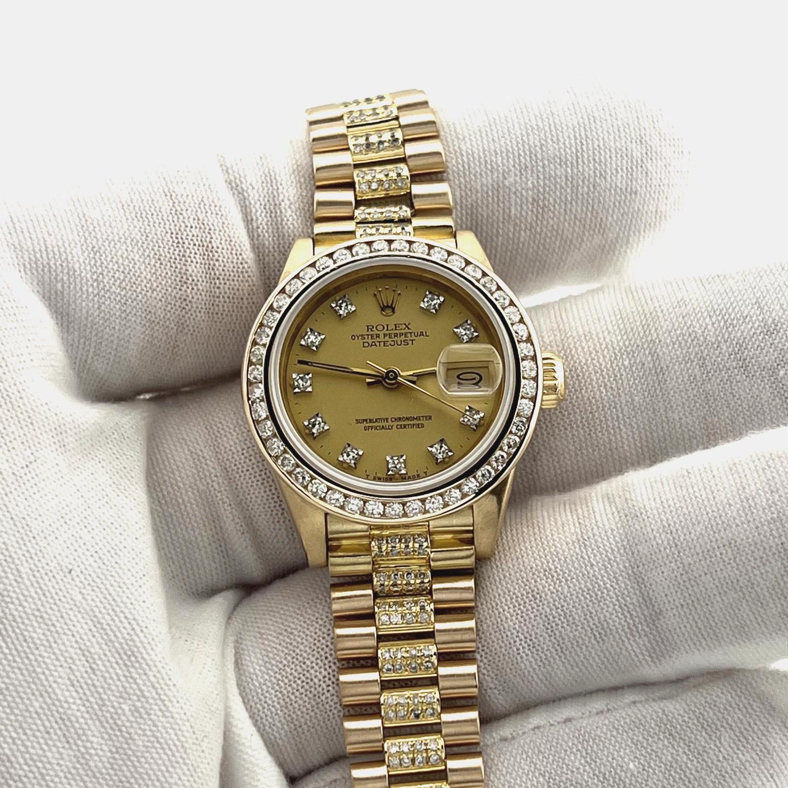 Rolex Lady President 6927 Custom Diamond Dial Bezel and Band 18k Yellow Gold Excellent état - En vente à San Diego, CA