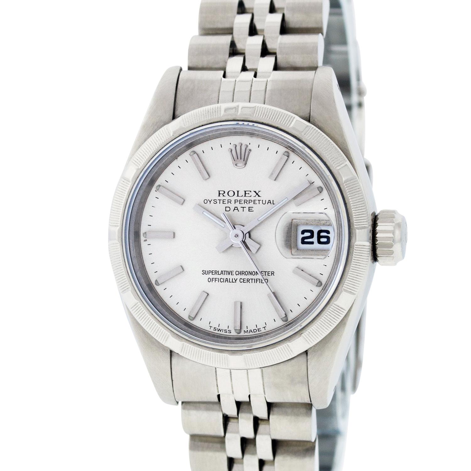 Pre-Owned Rolex Ladies Datejust Stainless Steel Watch Silver Index Dial with Engine-Turned Bezel

WATCH DESCRIPTION

BRAND  -  Rolex

MODEL  -  Datejust

CASE SIZE   -  26mm

GENDER  -  Women's

CASE  -  Rolex Stainless Steel Case

WATCH