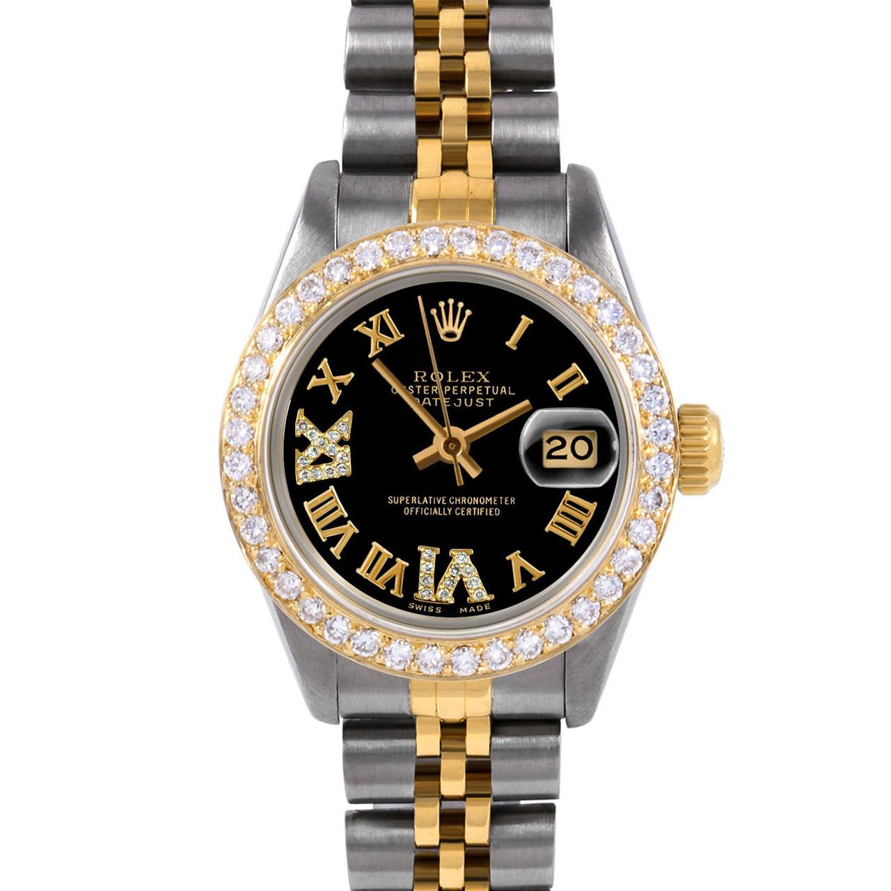 Swiss Wrist - SKU 6917-TT-BLK-8DR69-BDS-JBL

Brand : Rolex
Model : Datejust (Non-Quickset Model)
Gender : Ladies
Metals : 14K/Stainless Steel
Case Size : 26 mm

Dial : Custom Black Roman Diamond Dial (This dial is not original Rolex And has been