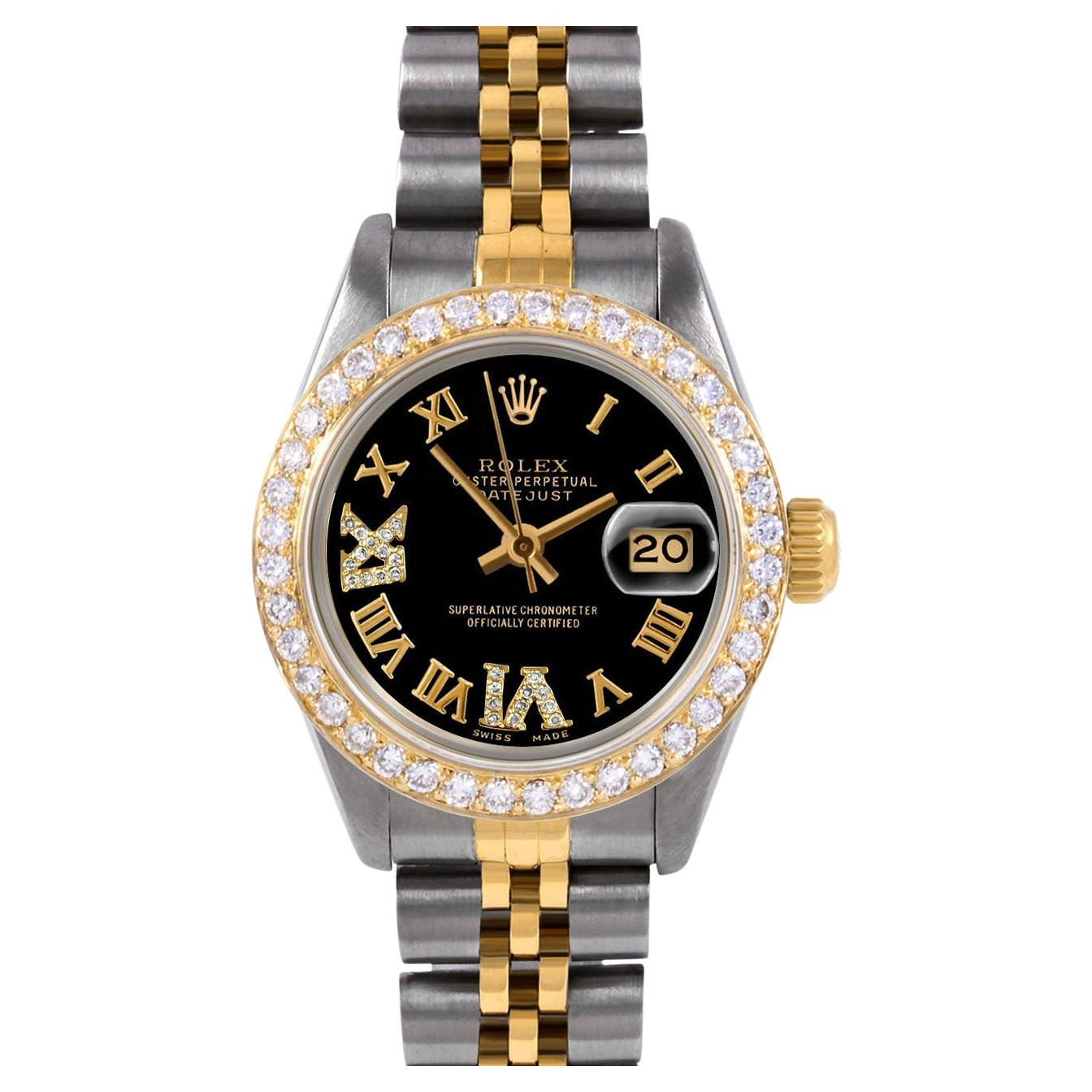 Rolex Lady TT Datejust Black Roman Diamond Dial Diamond Bezel Jubilee Band Watch For Sale