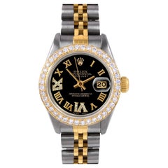 Vintage Rolex Lady TT Datejust Black Roman Diamond Dial Diamond Bezel Jubilee Band Watch