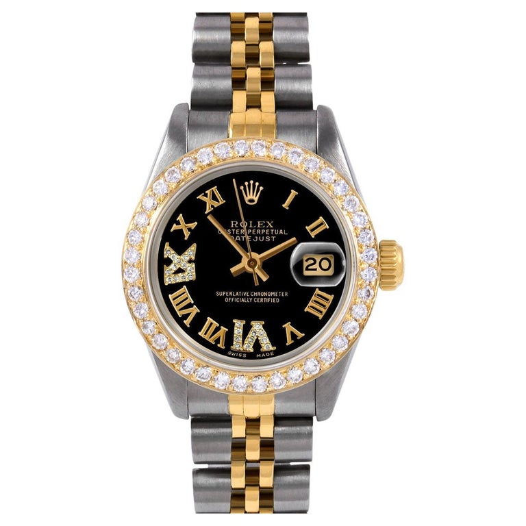 Rolex Lady TT Datejust Quadrante romano nero con diamanti Lunetta con  diamanti Orologio con cinturino Jubilee in vendita su 1stDibs