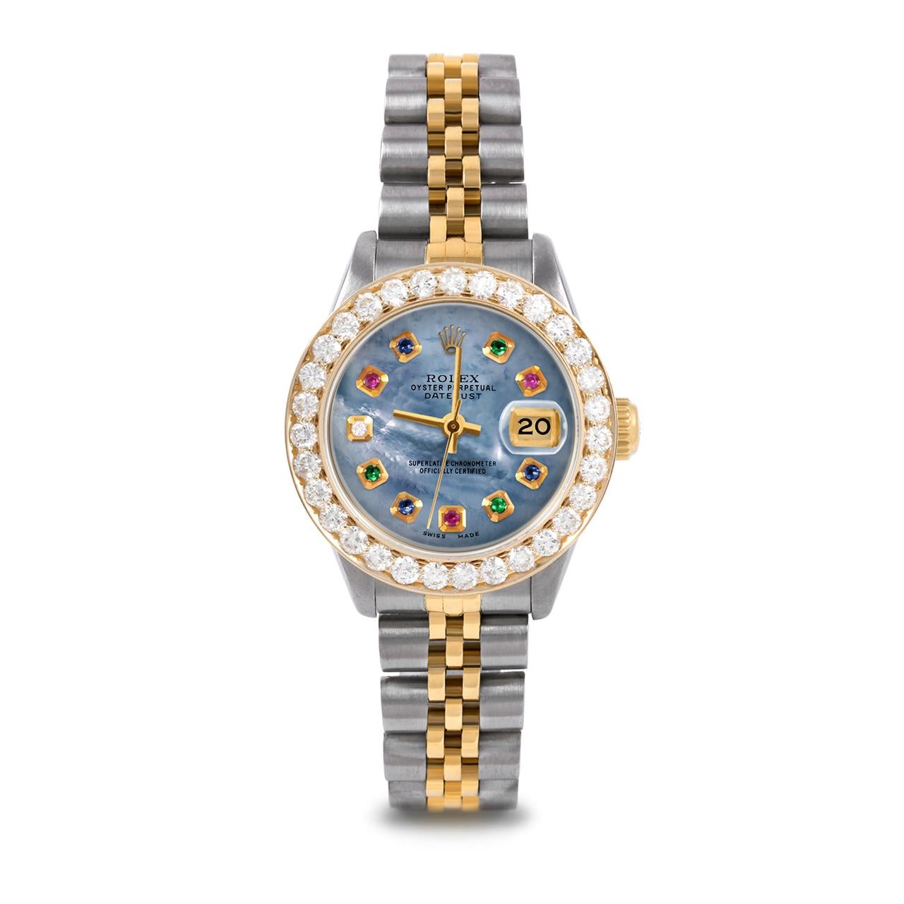 Perle Rolex Montre Datejust bleue MOP arc-en-ciel avec cadran et lunette en diamants 2 carats pour femmes TT en vente