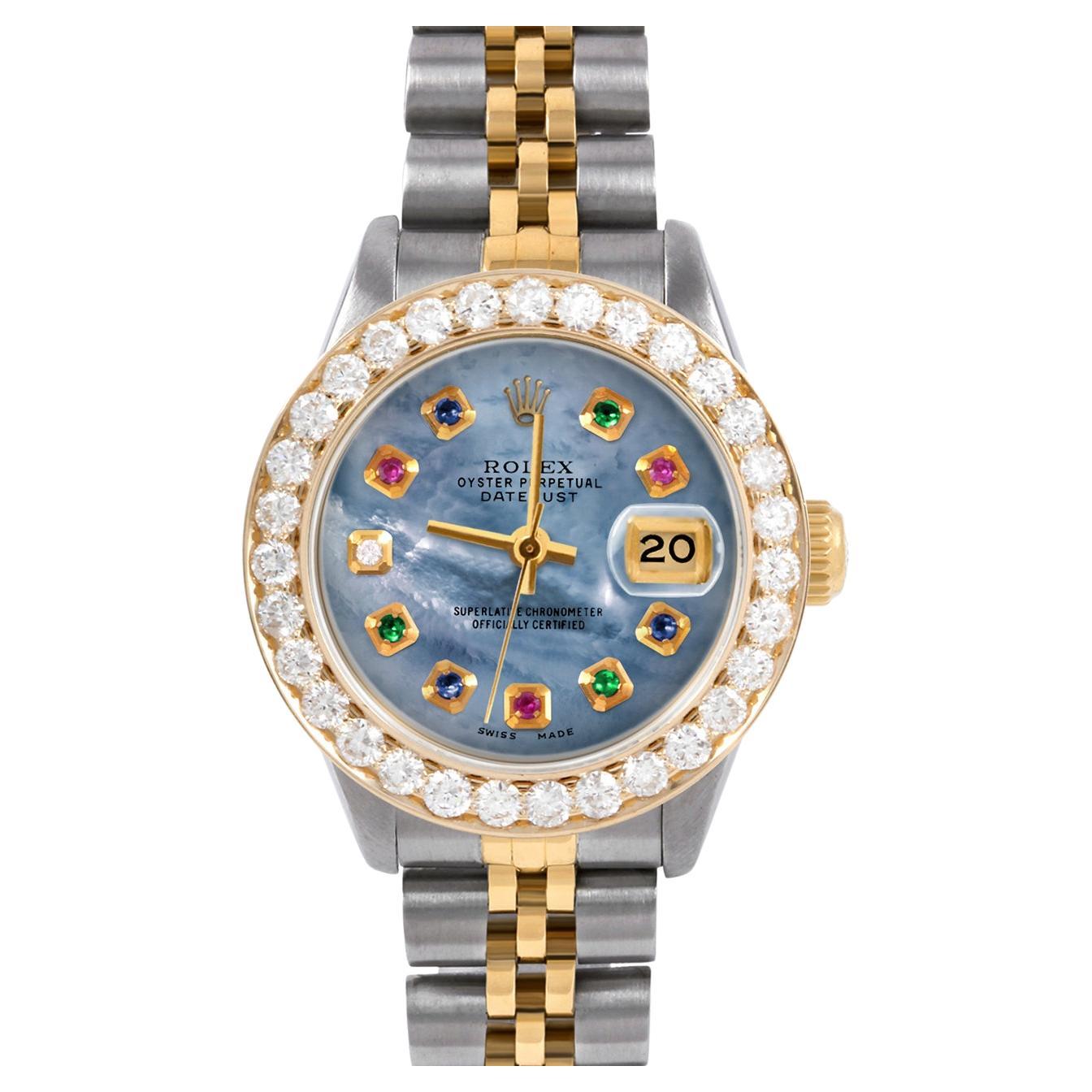 Rolex Lady TT Datejust Blue MOP Rainbow Diamond Dial 2ct Diamond Bezel Watch For Sale