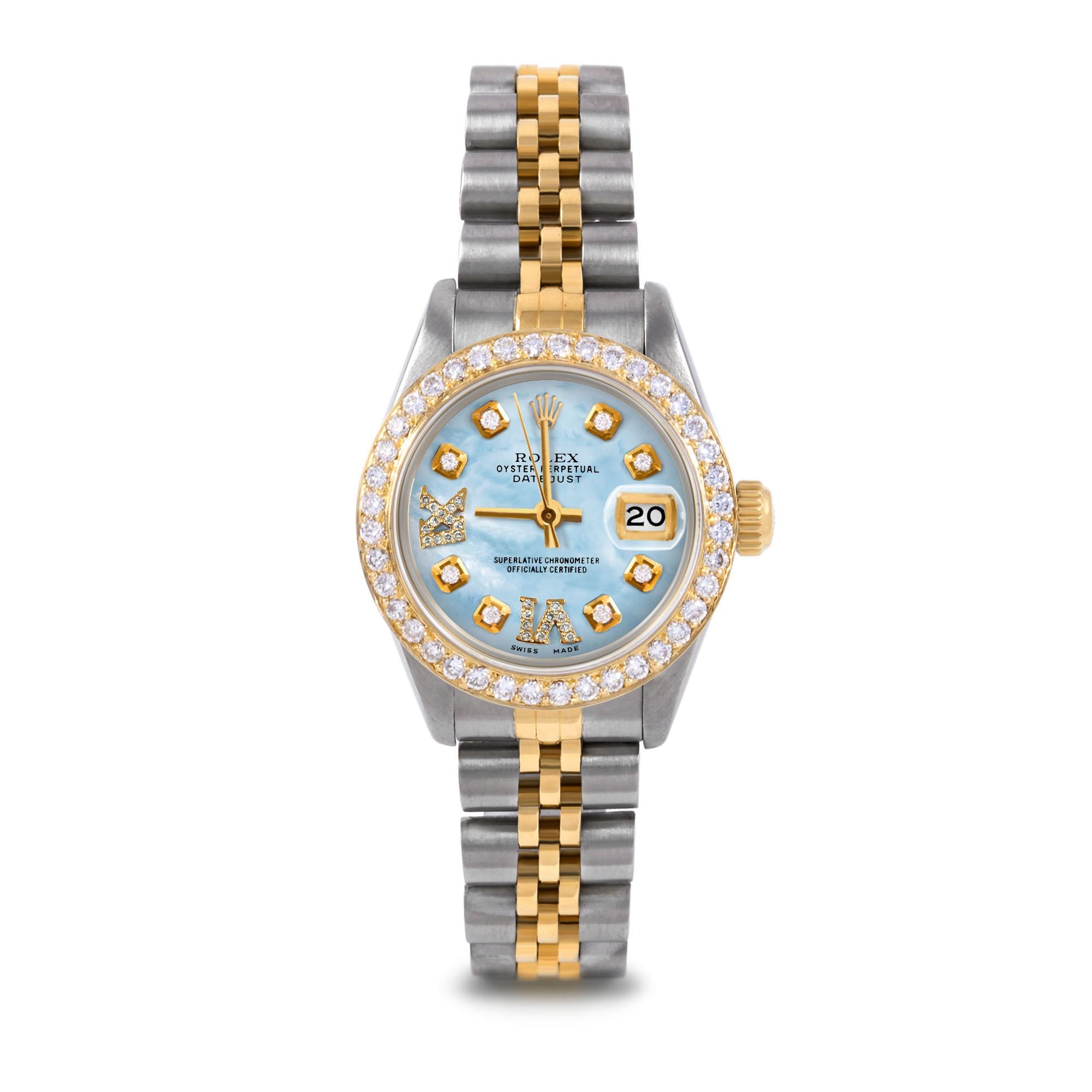 Rolex Lady TT Datejust Jubiläumsuhr mit blauem MOP römischem Diamant-Zifferblatt und Diamant-Lünette (Perle) im Angebot