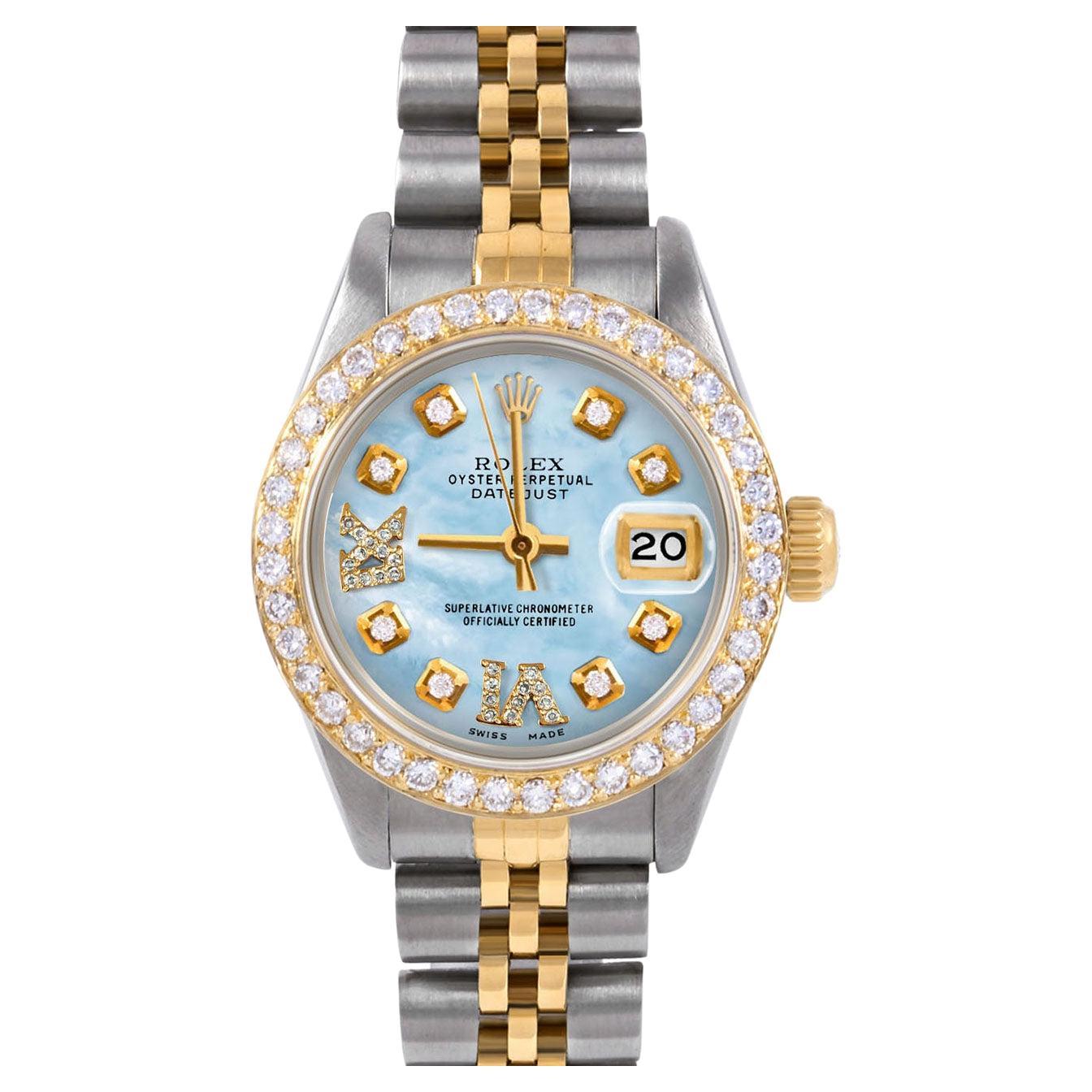 Rolex Lady TT Datejust Blue MOP Roman Diamond Dial Diamond Bezel Jubilee Watch For Sale