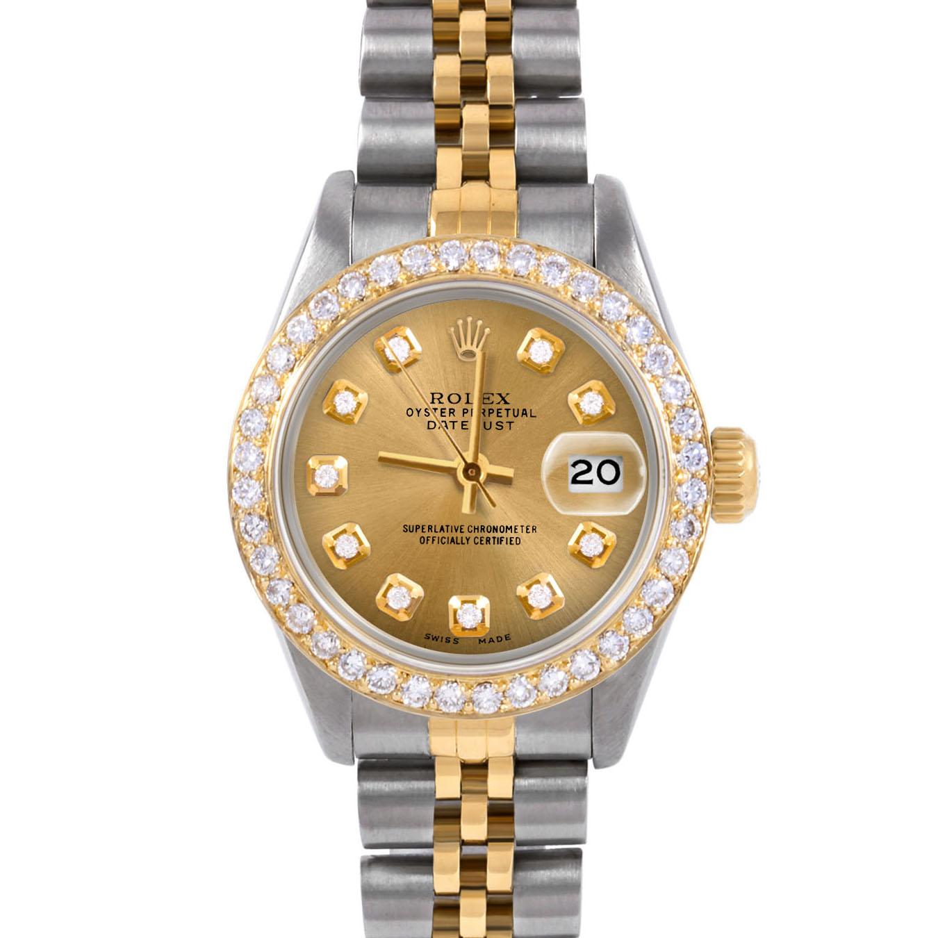 Swiss Wrist - SKU 6917-TT-CHM-DIA-AM-BDS-JBL

Brand : Rolex
Model : Datejust (Non-Quickset Model)
Gender : Ladies
Metals : 14K/Stainless Steel
Case Size : 26 mm

Dial : Custom Champagne Diamond Dial (This dial is not original Rolex And has been
