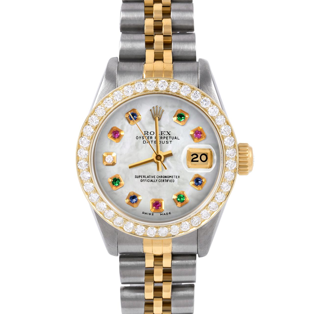 Swiss Wrist - SKU 6917-TT-WMOP-DIA-AM-BDS-JBL

Brand : Rolex
Model : Datejust (Non-Quickset Model)
Gender : Ladies
Metals : 14K/Stainless Steel
Case Size : 26 mm

Dial : Custom Mother Of Pearl Rainbow Emerald Ruby Sapphire Diamond Dial (This dial is