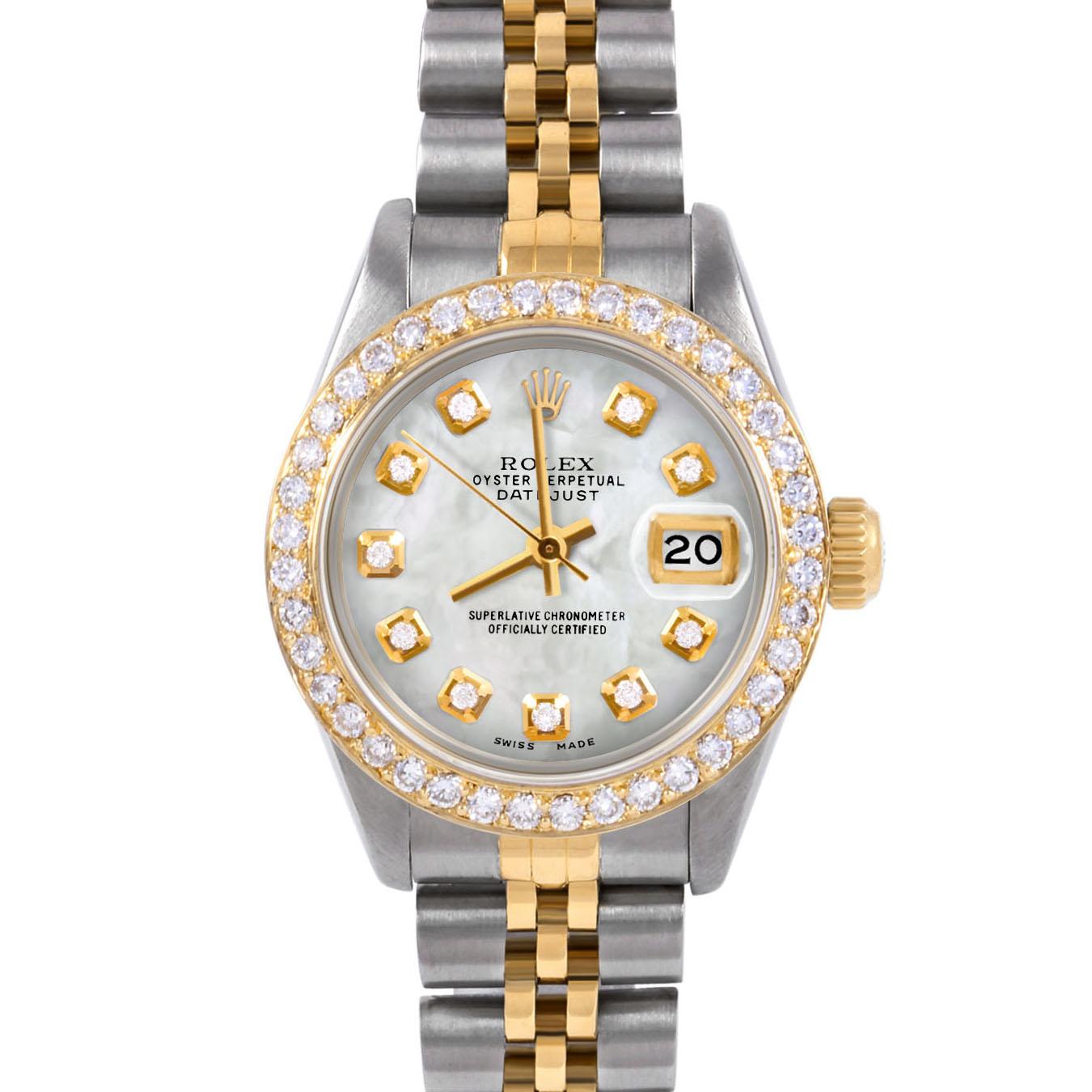 Swiss Wrist - SKU 6917-TT-WMOP-DIA-AM-BDS-JBL

Brand : Rolex
Model : Datejust (Non-Quickset Model)
Gender : Ladies
Metals : 14K/Stainless Steel
Case Size : 26 mm

Dial : Custom Mother Of Pearl Diamond Dial (This dial is not original Rolex And has