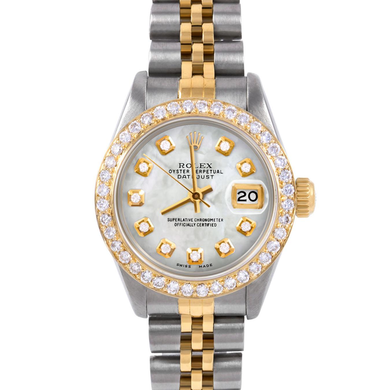 SKU 6917-TT-WMOP-DIA-AM-BDS-JBL

Brand : Rolex
Model : Datejust (Non-Quickset Model)
Gender : Ladies
Metals : 14K/Stainless Steel
Case Size : 26 mm

Dial : Custom Mother Of Pearl Diamond Dial (This dial is not original Rolex And has been added