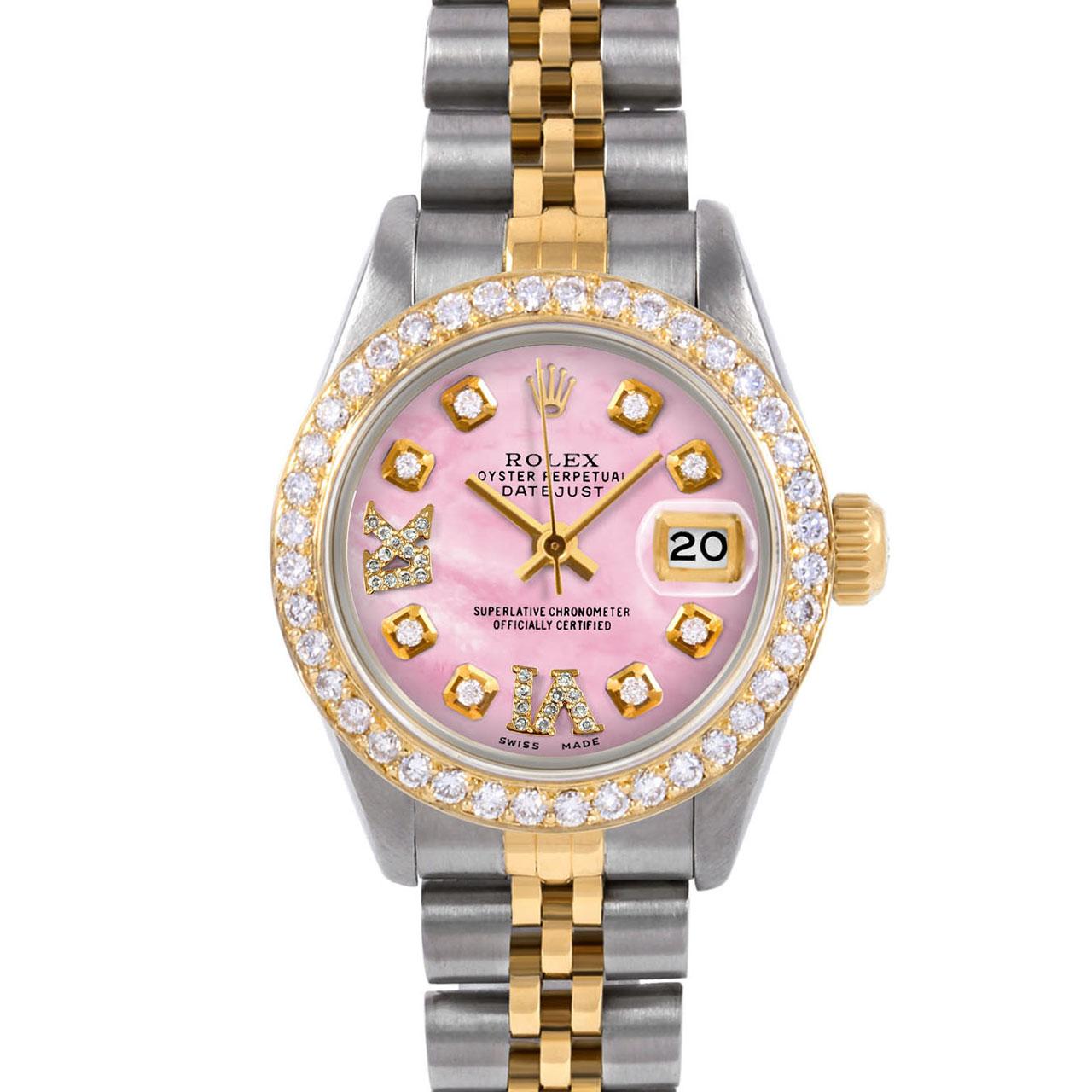 Swiss Wrist - SKU 6917-TT-PMOP-8DR69-BDS-JUB

Brand : Rolex
Model : Datejust (Non-Quickset Model)
Gender : Ladies
Metals : 14K/Stainless Steel
Case Size : 26 mm

Dial : Custom Pink Mother Of Pearl Roman Diamond Dial (This dial is not original Rolex