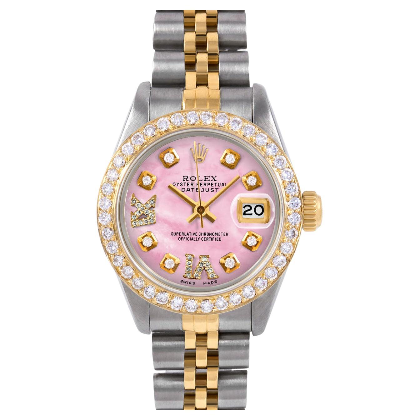 Rolex Lady TT Datejust Pink MOP Roman Diamond Dial Diamond Bezel Jubilee Watch For Sale