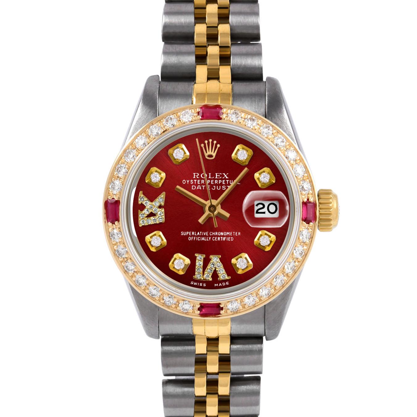 Swiss Wrist - SKU 6917-TT-RED-8DR69-BDS-JUB

Brand : Rolex
Model : Datejust (Non-Quickset Model)
Gender : Ladies
Metals : 14K/Stainless Steel
Case Size : 26 mm

Dial : Custom Red Roman Diamond Dial (This dial is not original Rolex And has been added
