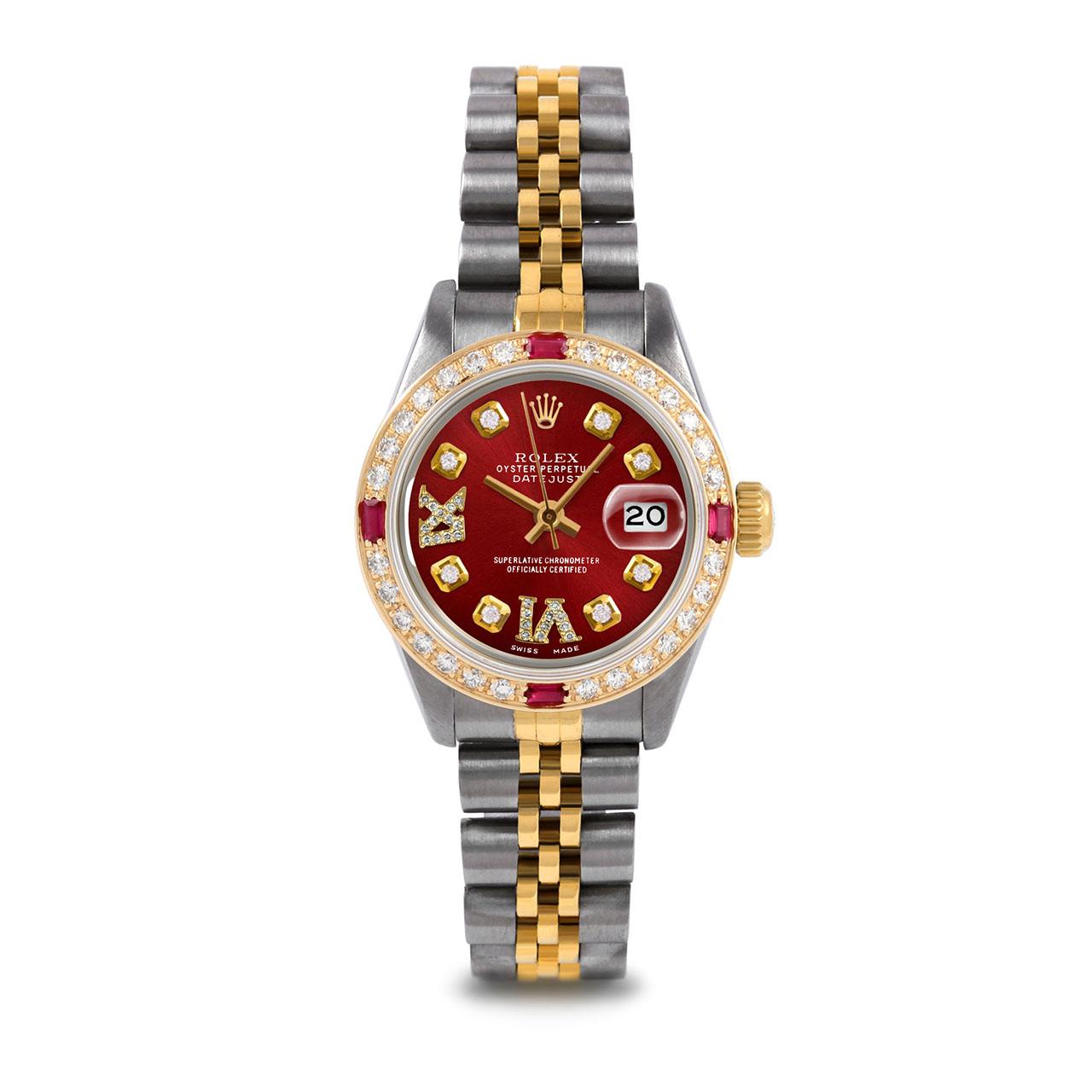 Rolex Lady TT Datejust Jubiläumsuhr, Rote römische Diamant-Zifferblatt Rubin-Diamant-Lünette (Perle) im Angebot