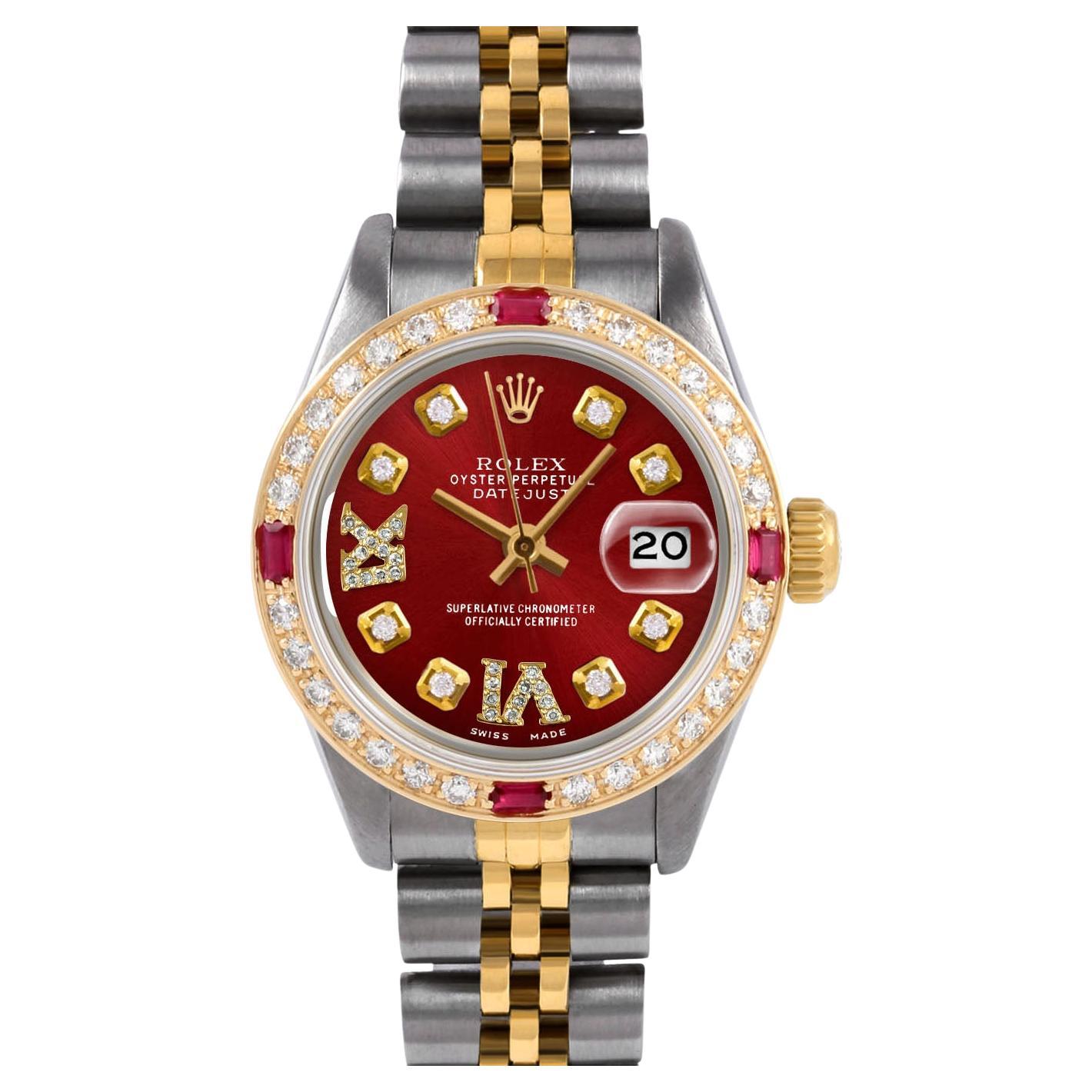 Rolex Lady TT Datejust Red Roman Diamond Dial Ruby Diamond Bezel Jubilee Watch