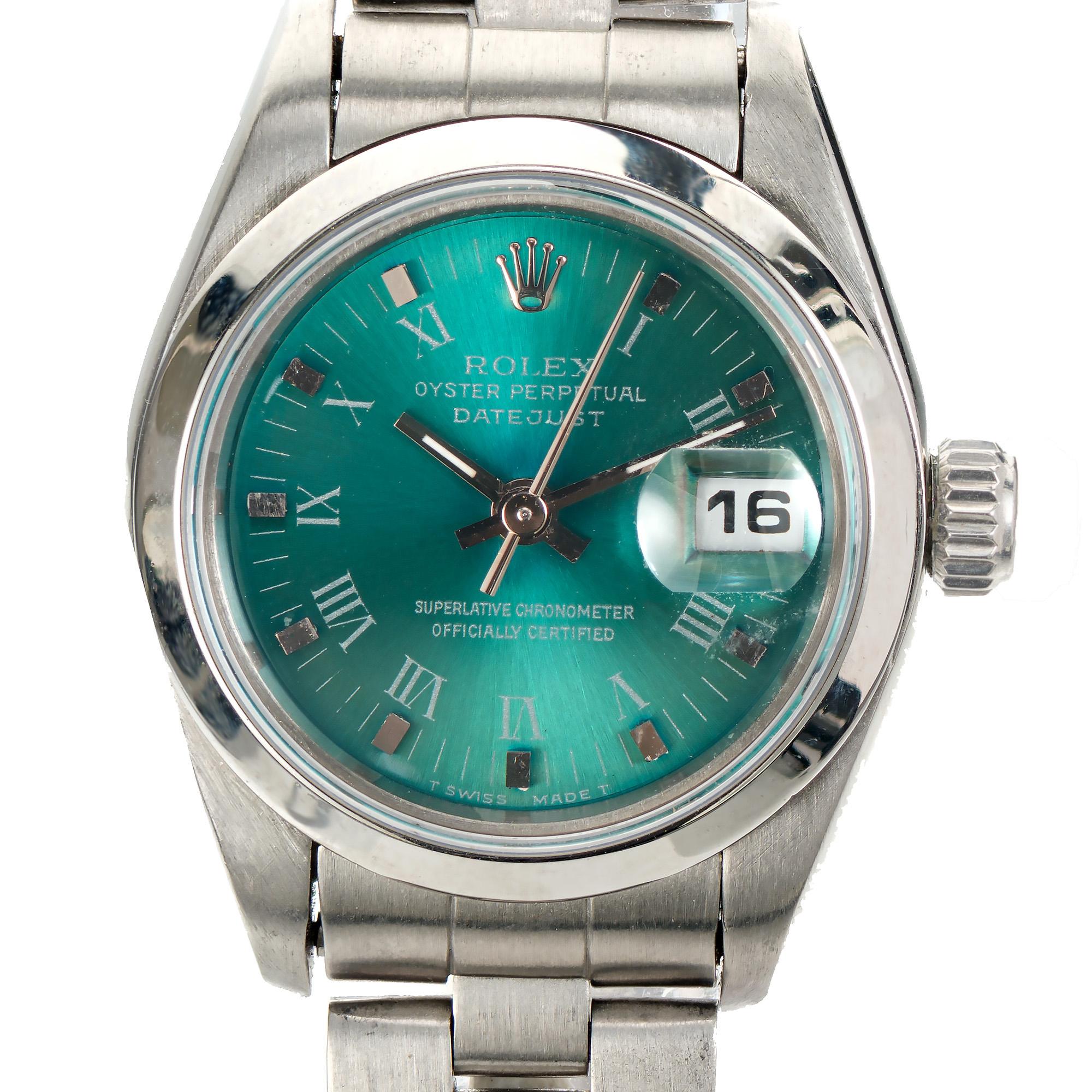 Rolex 69160 with plain bezel and Rolex Oyster band. Original Rolex dial has been refinished and custom colored a bright high lustre greenish/blue with multiple layers by the Peter Suchy Workshop. Circa 1994. Please note that the the dial is not the