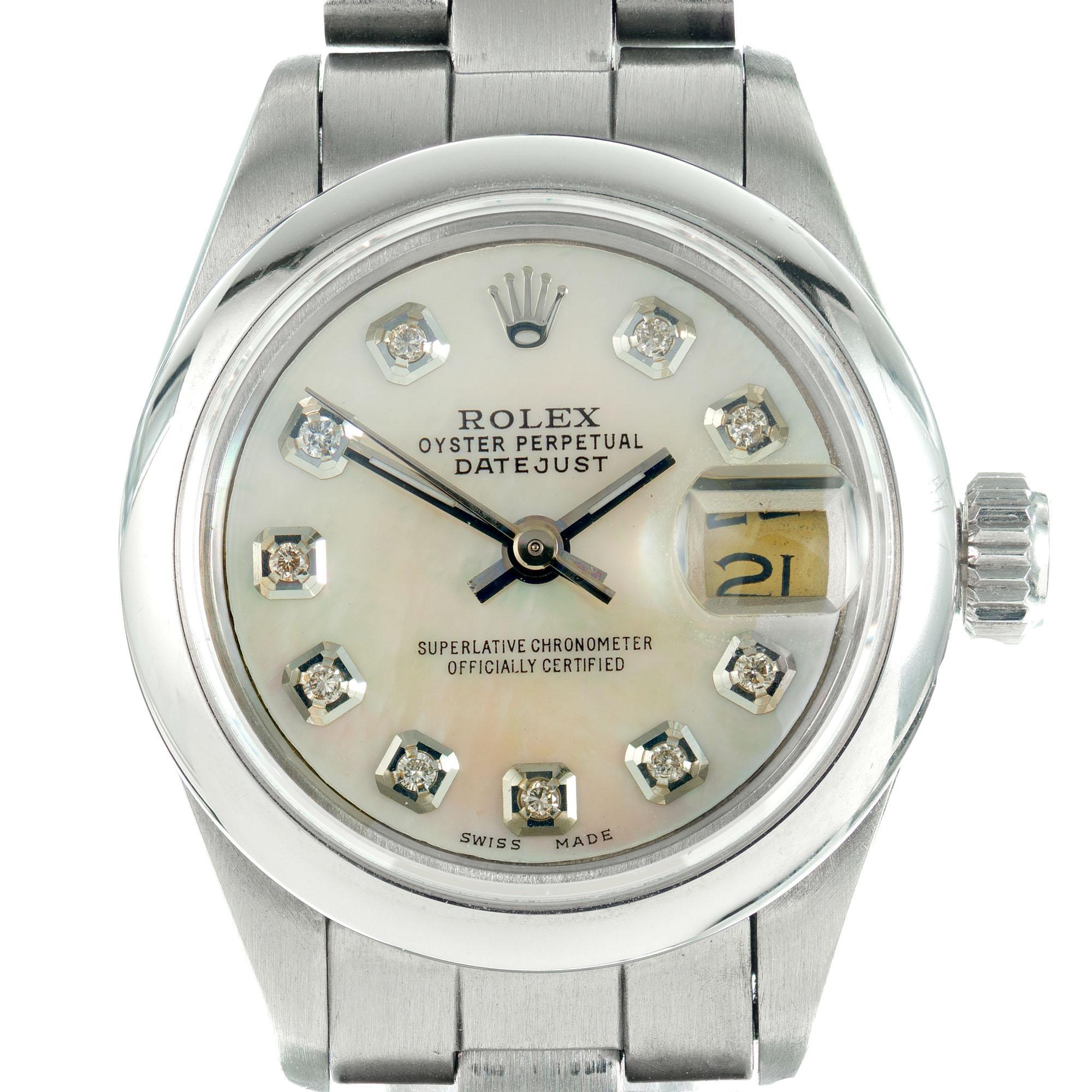 Rolex lady's stainless steel Datejust wristwatch with refinished with Mother-of-Pearl dial with diamond indexes, plain bezel, sapphire crystal and tight newer Oyster style bracelet.

Stainless steel
Top to bottom: 32.25mm 
Width without crown: 26mm