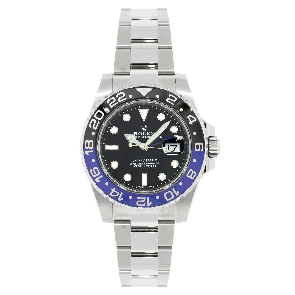 Brand: Rolex
MPN: 116710
Model: Master GMT II “Batman”
Case Material: Stainless steel
Case Diameter: 40mm
Crystal: Sapphire crystal
Bezel: Unidirectional black and blue ceramic bezel
Dial: Black dial with luminescent hour markers and
