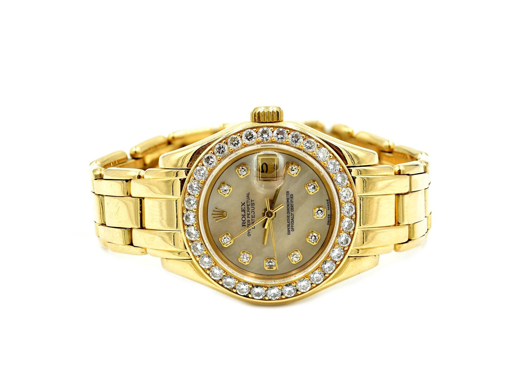 Round Cut Rolex Ladies yellow gold Diamond Mother-of-Pearl automatic Wristwatch Ref 69298